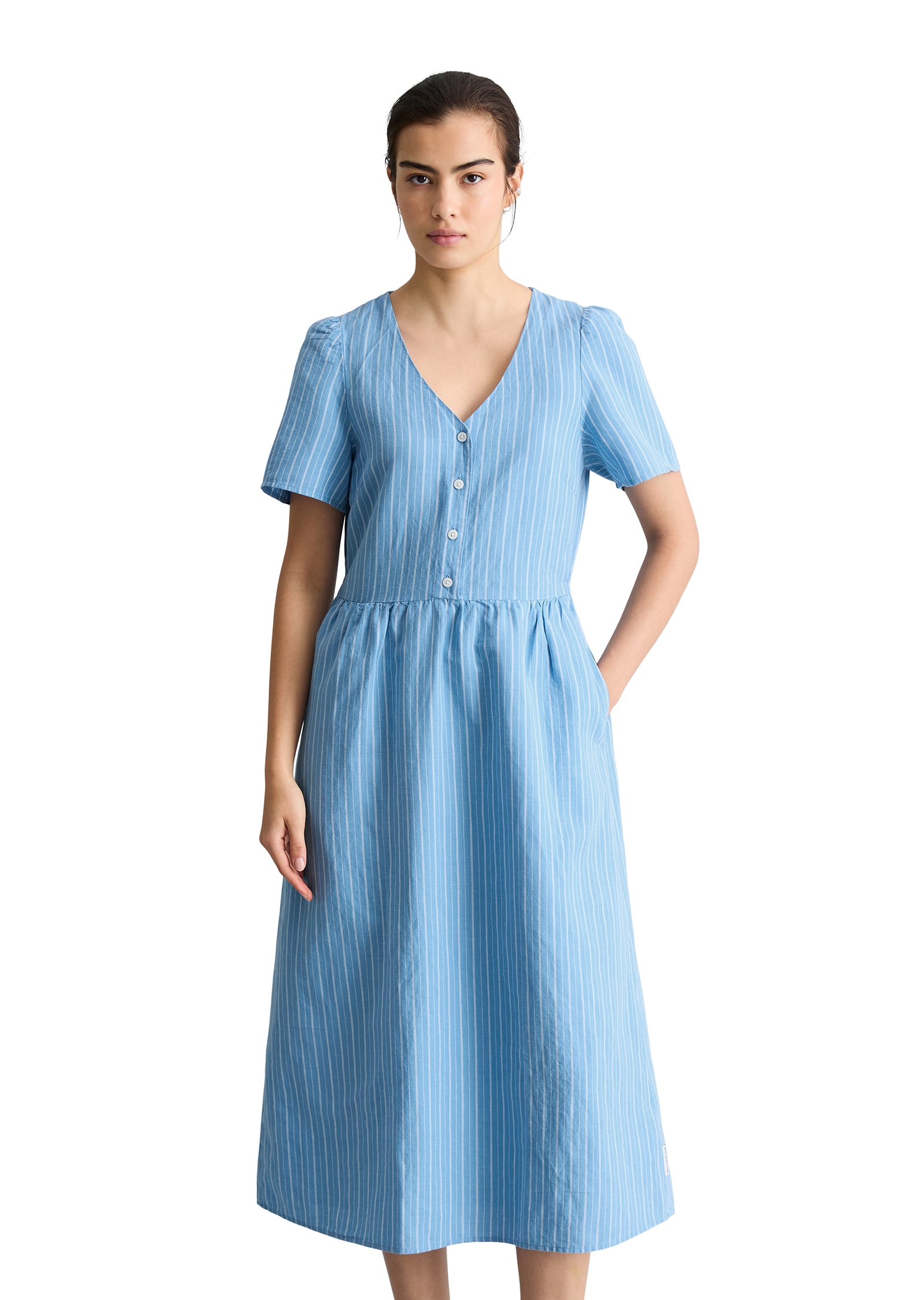 Marc O'Polo DENIM Sommerkleid Seitennahttaschen regular aus Leinen-Baumwolle-Mix, gestreift