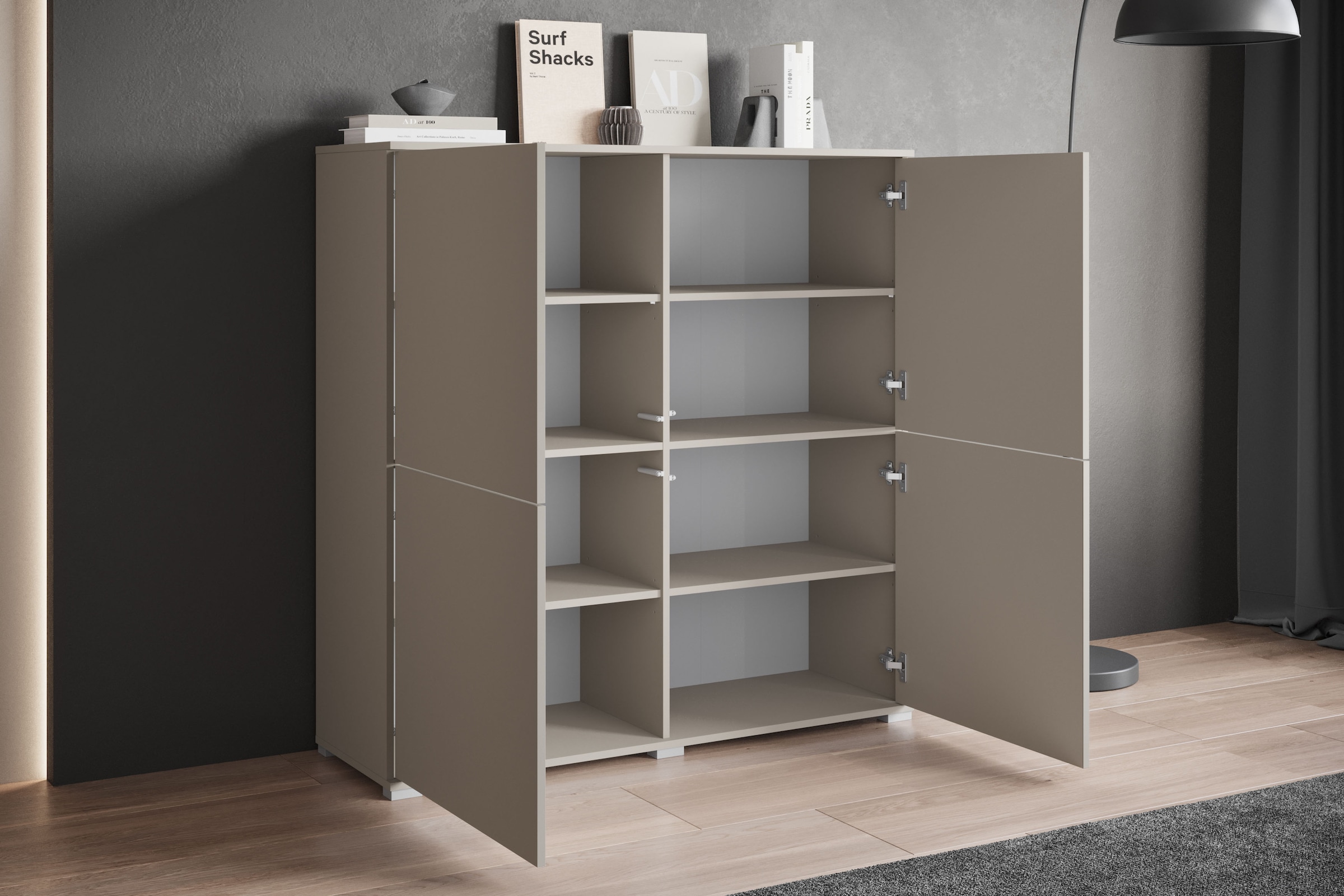INOSIGN Highboard »Kenia, moderne grifflose Hochkommode mit 4 Türen, Breite 120 cm«, (1 St.), Push-to-Open-Fronten, höhenverstellbaren Einlegeböden