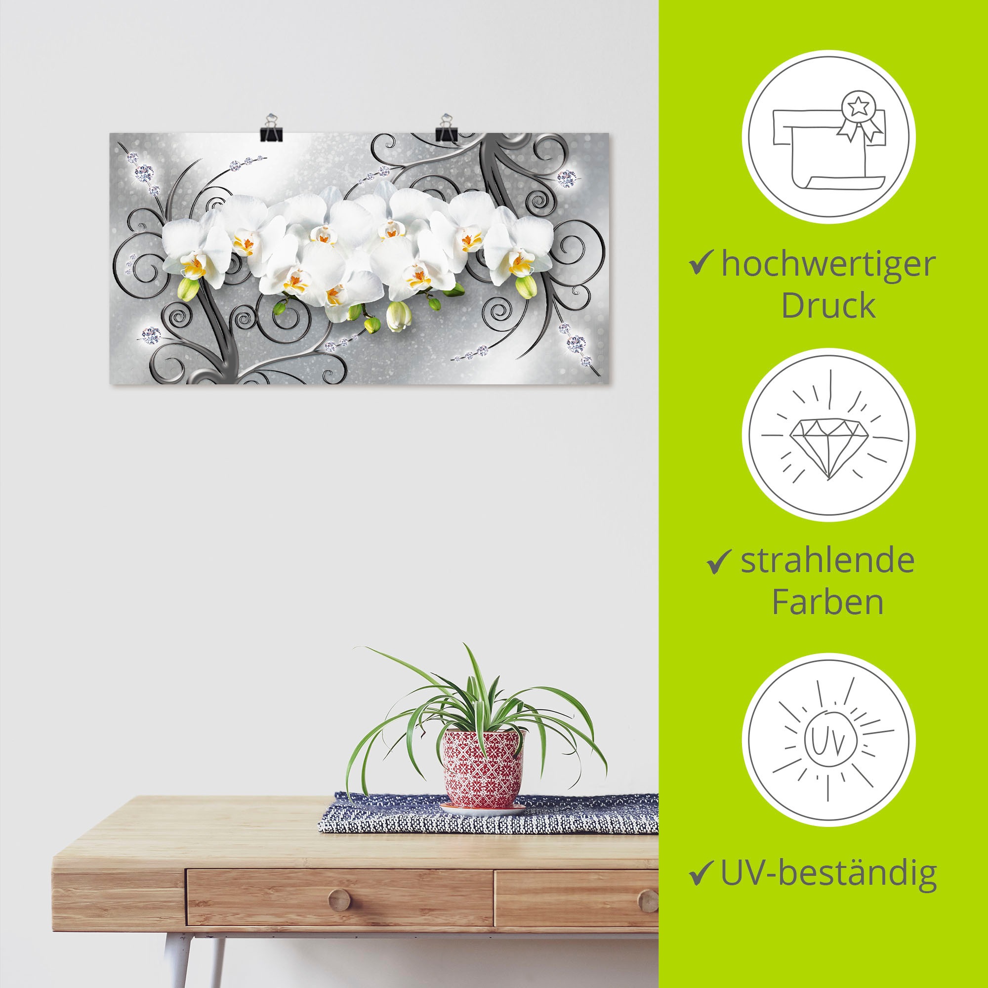 Artland Wandbild »weiße Orchideen auf Ornamenten«, Blumenbilder, (1 St.), als Alubild, Outdoorbild, Leinwandbild, Poster, Wandaufkleber