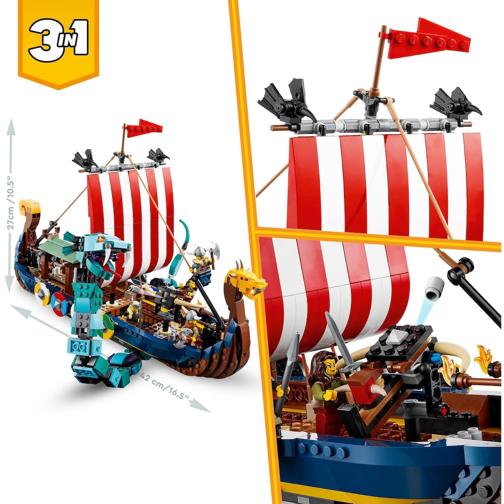 LEGO® Konstruktionsspielsteine »Wikingerschiff mit Midgardschlange (31132), LEGO® Creator 3in1«, (1192 St.), Made in Europe