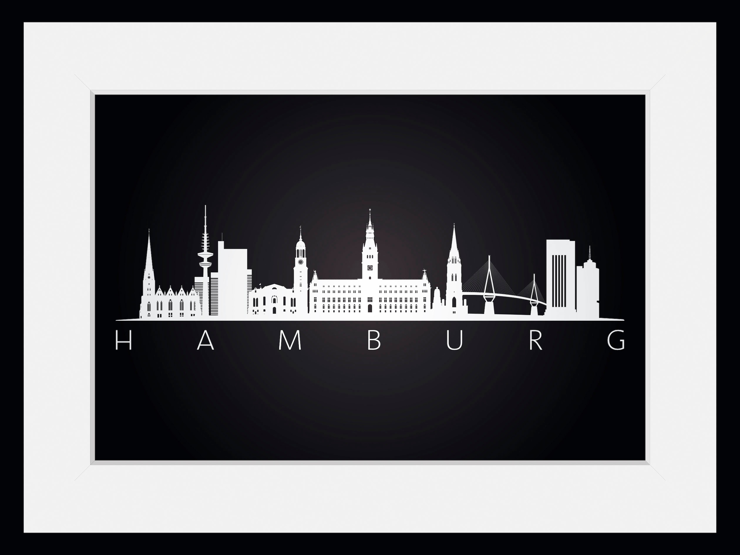 queence Bild »Hamburg Sehenswürdigkeiten«, Städte-Stadt-Deutschland-Hamburg-Schriftzug-Schwarz-Weiß, (1 St.), HD Premium Poster-Druck inkl. Holzrahmen