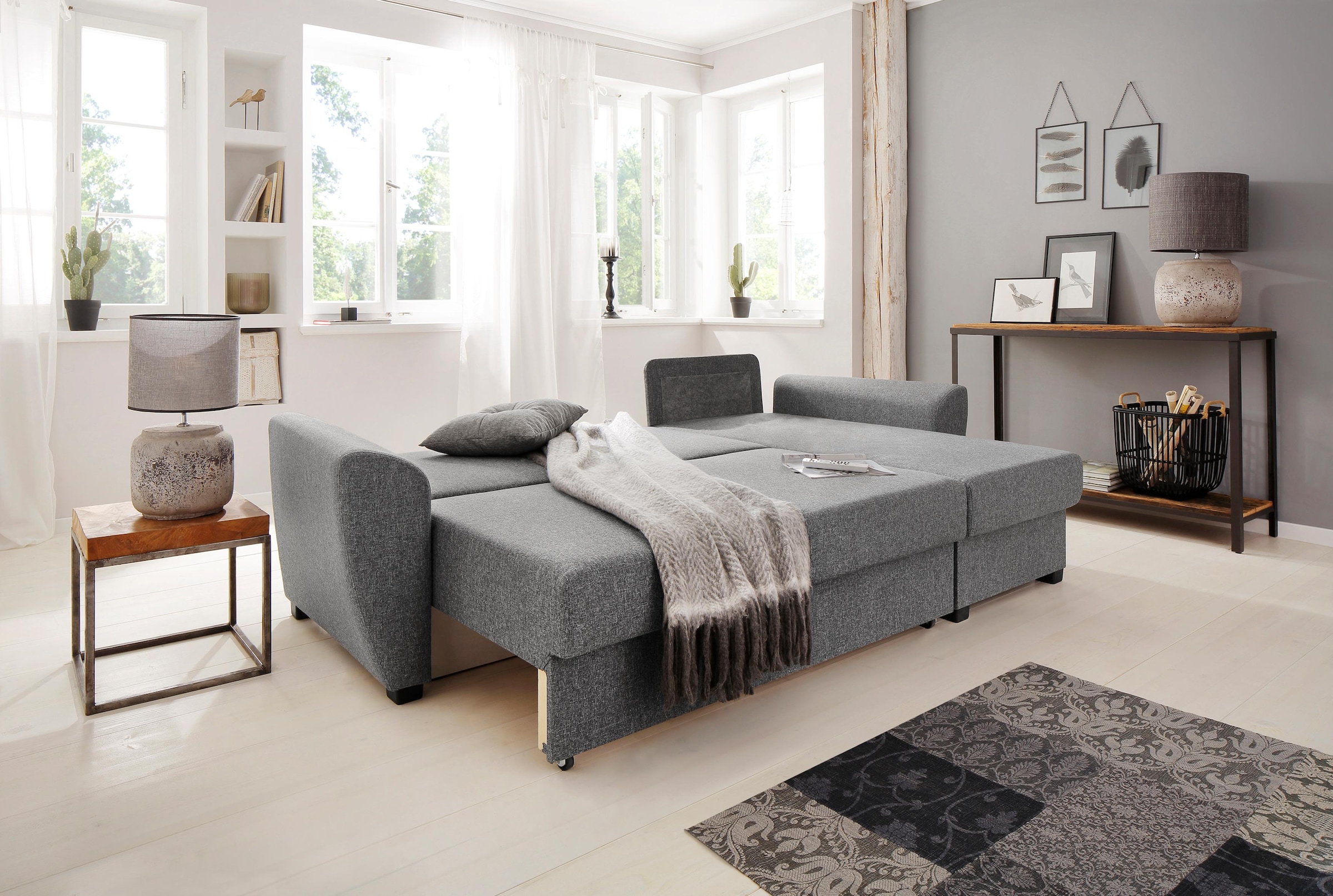 Home affaire Ecksofa »Quin L-Form«, mit Bettfunktion, Bettkasten und Zierkissen, mit Federkern