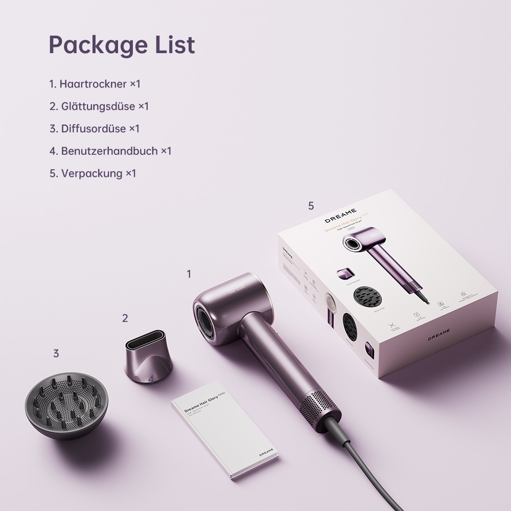 Dreame Haartrockner »Glory Combo Purple« 1.600 W 2 Aufsätze Hitzeschutz, Diffusor, Ionen
