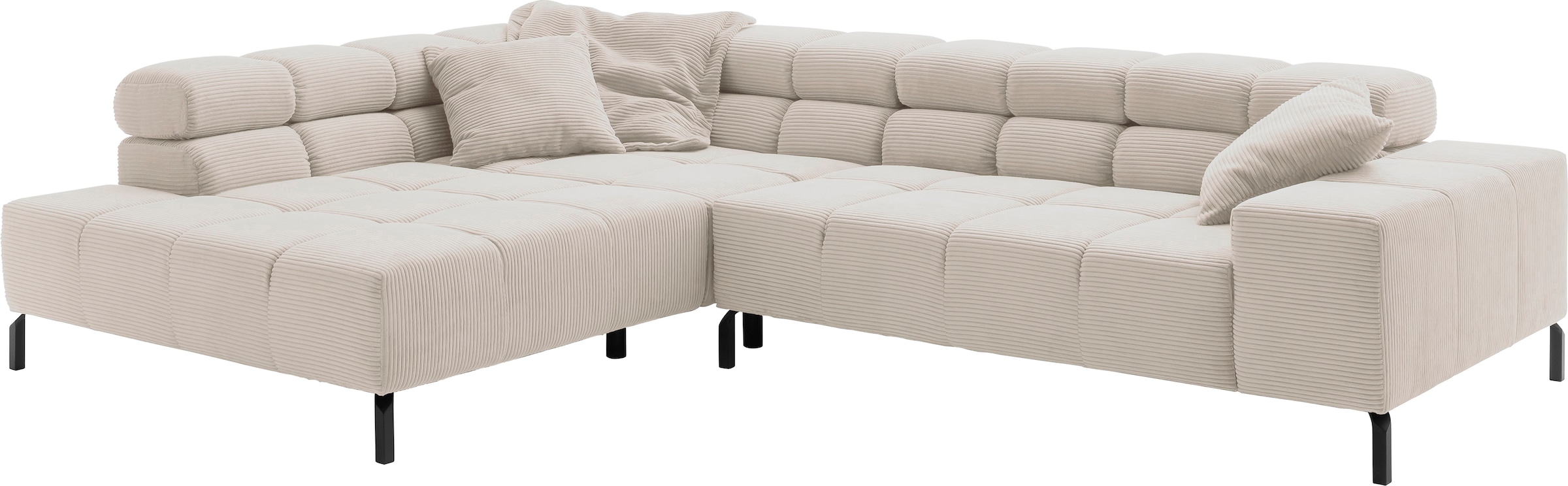 INOSIGN Ecksofa »Ancona New, wahlweise motorische Sitztiefenverstellung, auch in Cord«, feine Steppung, mit Kopfteilverstellung, 3 Zierkissen, L-Form