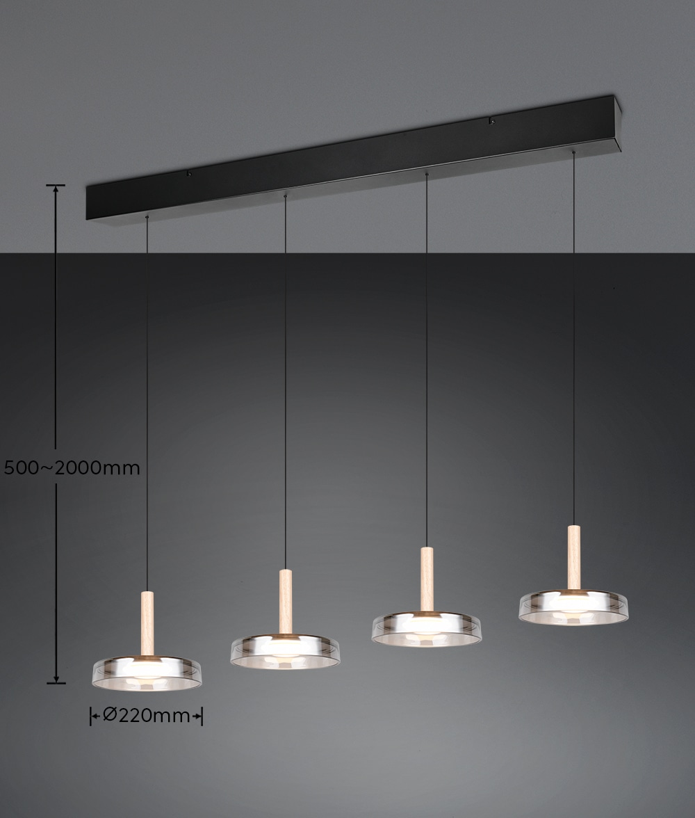 TRIO Leuchten LED Pendelleuchte »CELESTE dimmbare LED Hängelampe aus Metall Glas & Holz, 7,5W 750 Lumen« LED-Board 1 Stk. Warmweiß 4-flammig einfach höhenverstellbar von 50-200 cm 3-Stufen Dimmfunktion