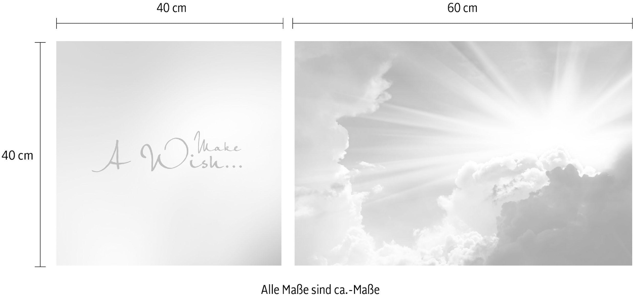 queence Leinwandbild »Wish«, Himmel-Himmelsbilder-Kunst-Modern-Spa-Spa Bilder-Sprüche-Sprüche & Texte-Schriftzug-Schriftzüge-Liebessprüche-Sonnenaufgang, (Set), Premium-Leinwandstoff, Handarbeit aus Deutschland, Spruch, 2er Set