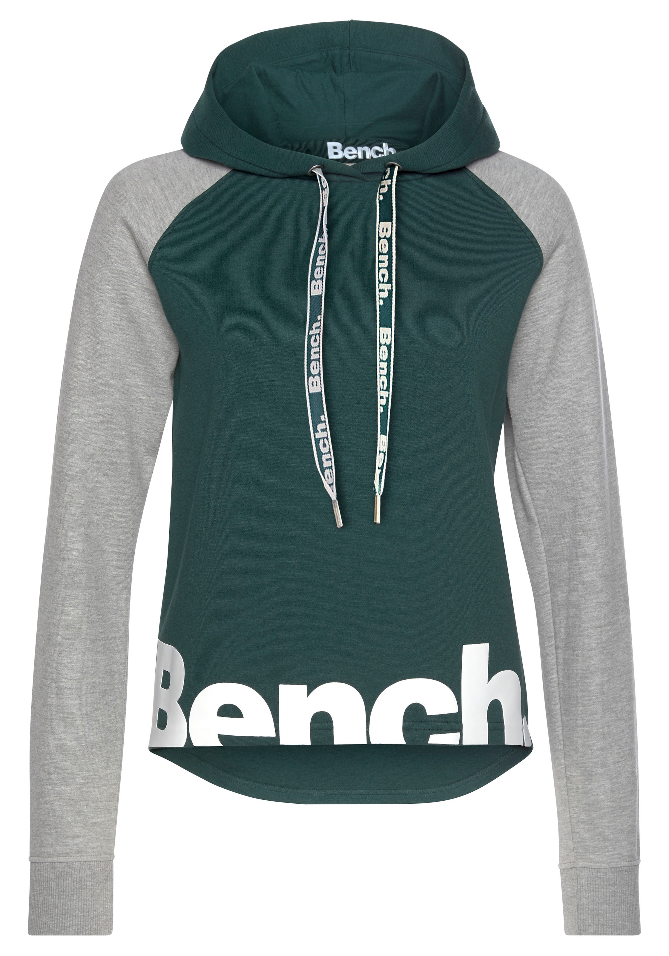 abgesetzten Kapuzensweatshirt, OTTO farblich mit im Logodruck, Hoodie und Loungeanzug, Shop Online Loungewear Ärmeln Bench. kaufen