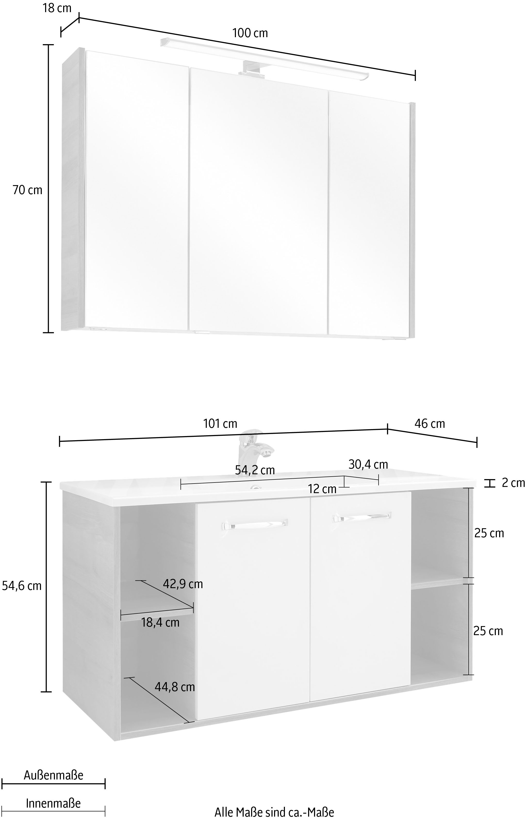 PELIPAL Badmöbel-Set »Quickset 362«, cm, Breite mit Spiegelschrank Beleuchtung St.), (2 101 Online LED OTTO Shop