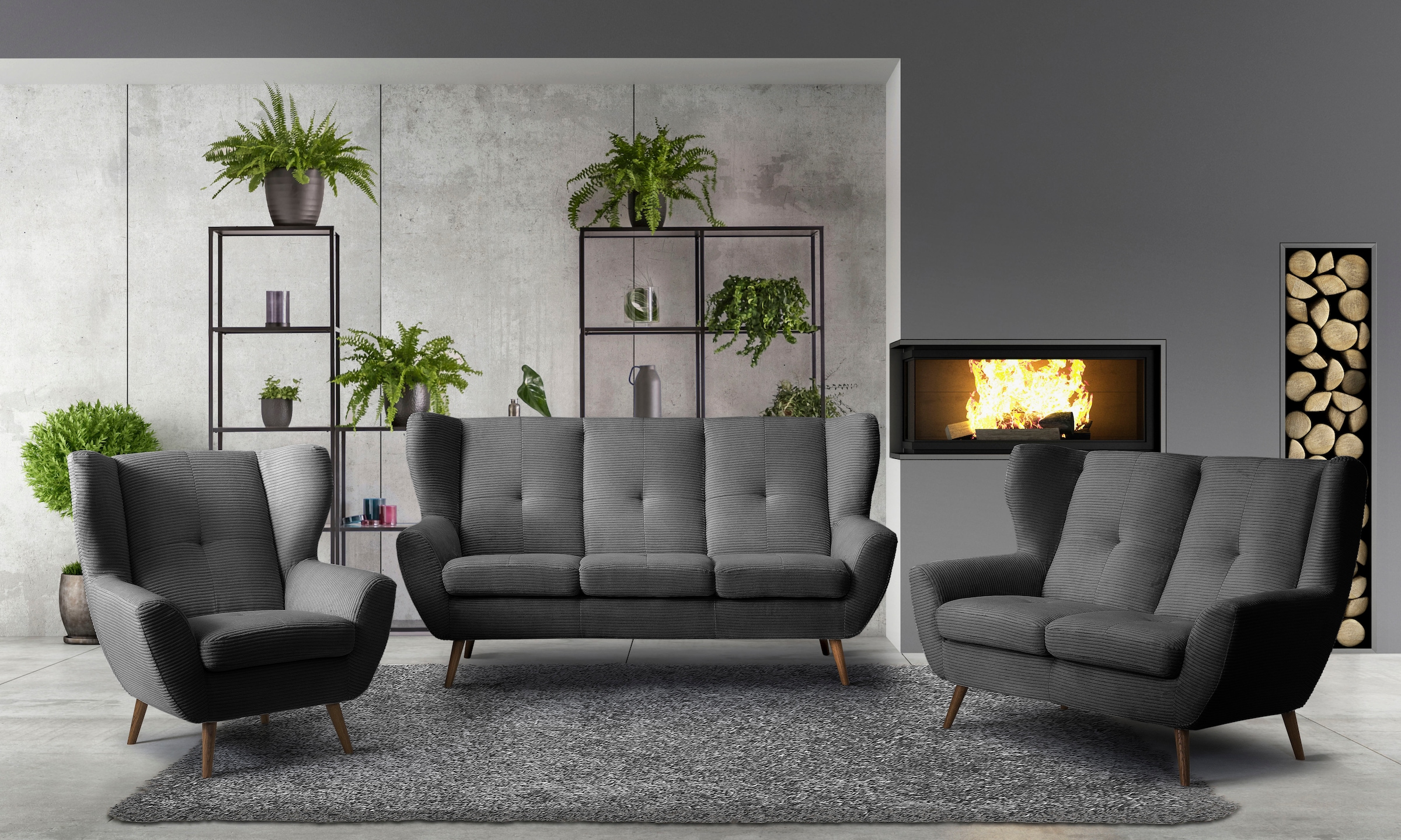 exxpo - sofa fashion 3-Sitzer »ALVESTA, Loungesofa, Küchensofa, hoher Sitzkomfort, Ohrenbackensofa«, gemütliche Rückenlehne, mit Knopfheftung und hohen Holzfüßen, in Cord