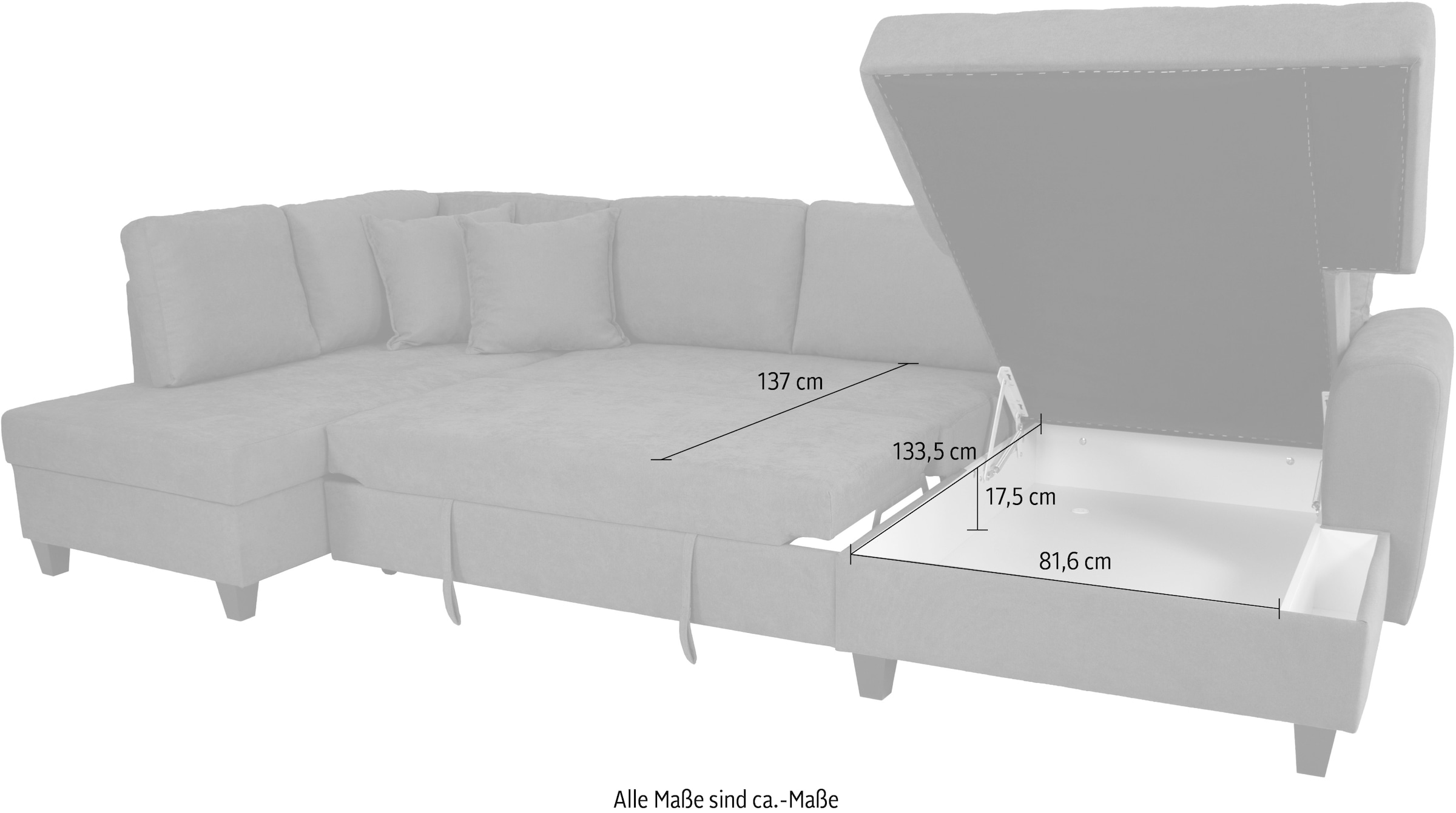 Trends by HG Wohnlandschaft »Moritz, U-Form« inkl. Bettfunktion und Bettkasten, inkl. 2 Zierkissen