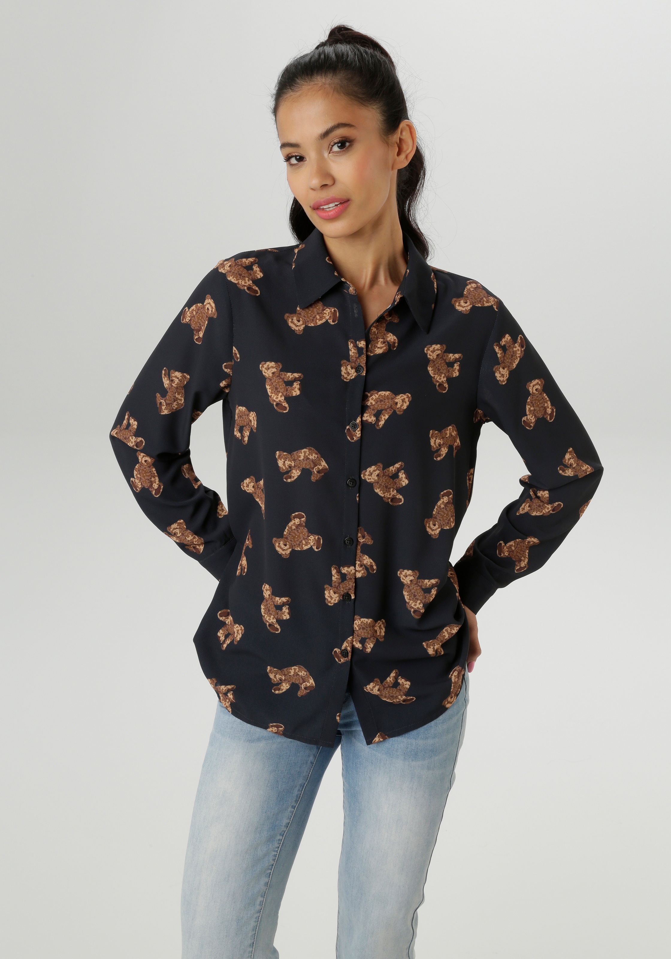 Aniston Selected Damen Hemdbluse mit trendigen Teddybärchen bedruckt - NEUE KOLLEKTION in blau, Größe 44