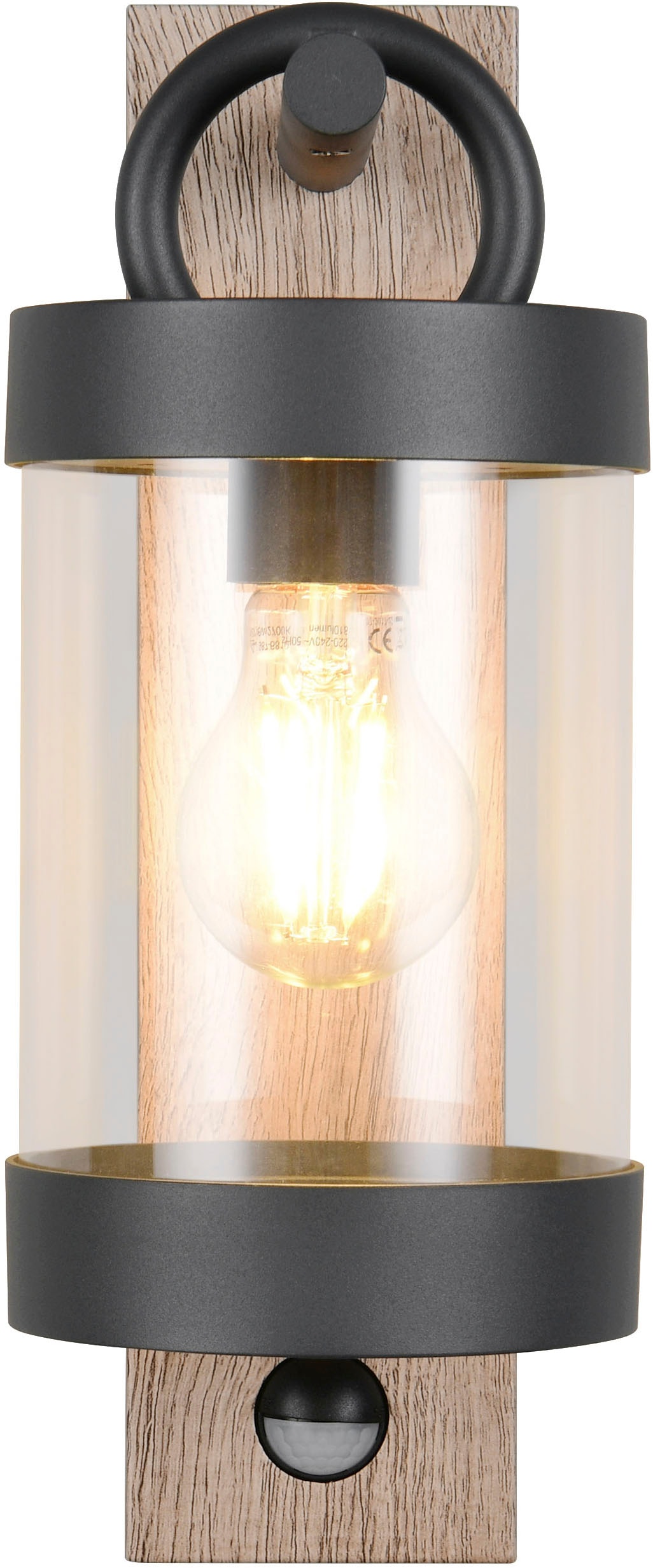 TRIO Leuchten Außen-Wandleuchte »SAMBESI, Laternen Optik Hauswand, exkl 1x E27 max 28W Bewegungsmelder« E27 1 Stk. warmweiß - kaltweiß Fassadenbeleuchtung aus Alu Druckguss, Rückenplatte Holz Nachbildung