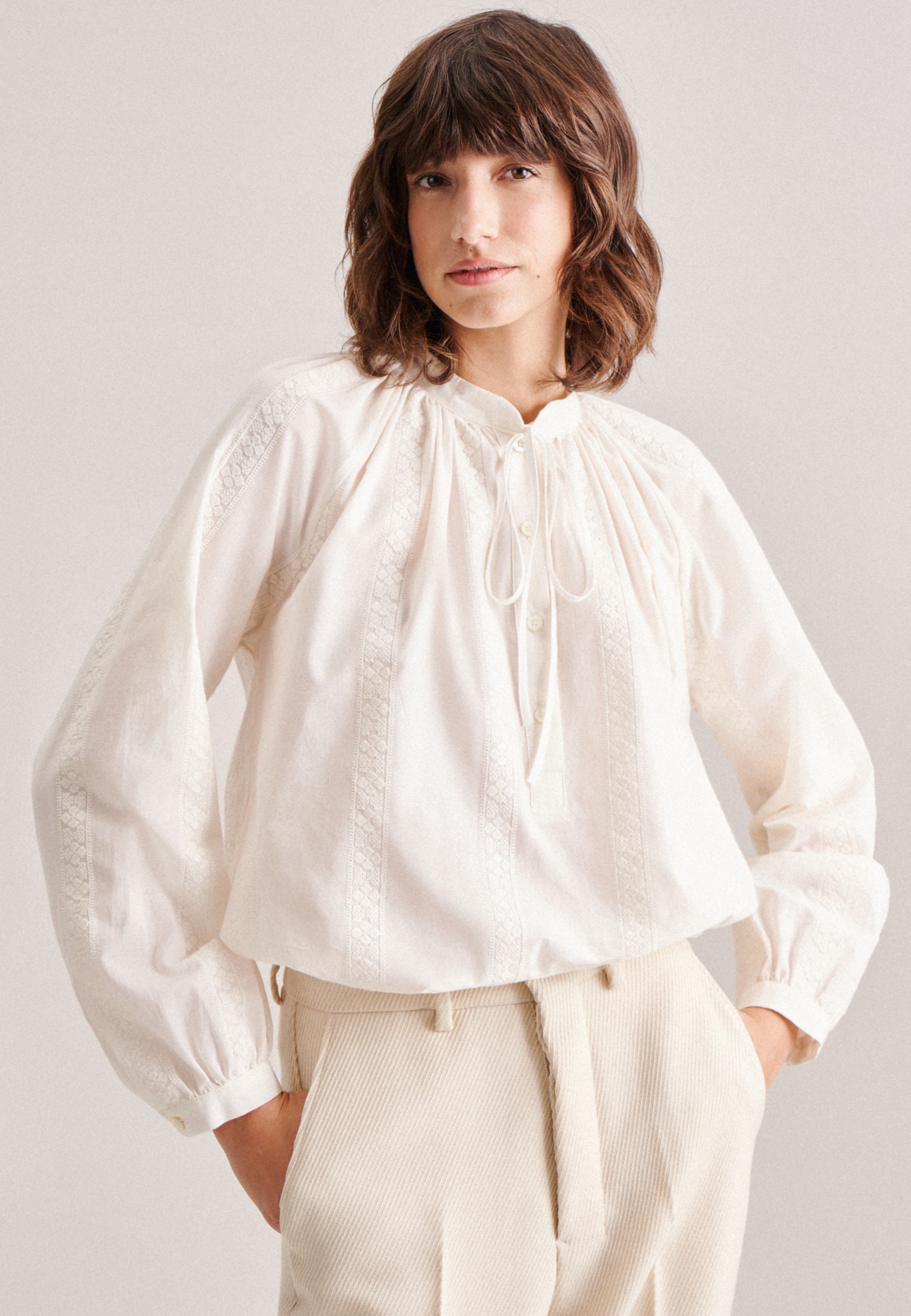 Seidensticker Damen Klassische Bluse »Schwarze Rose« Langarm Kragen Streifen in beige, Größe S(36)