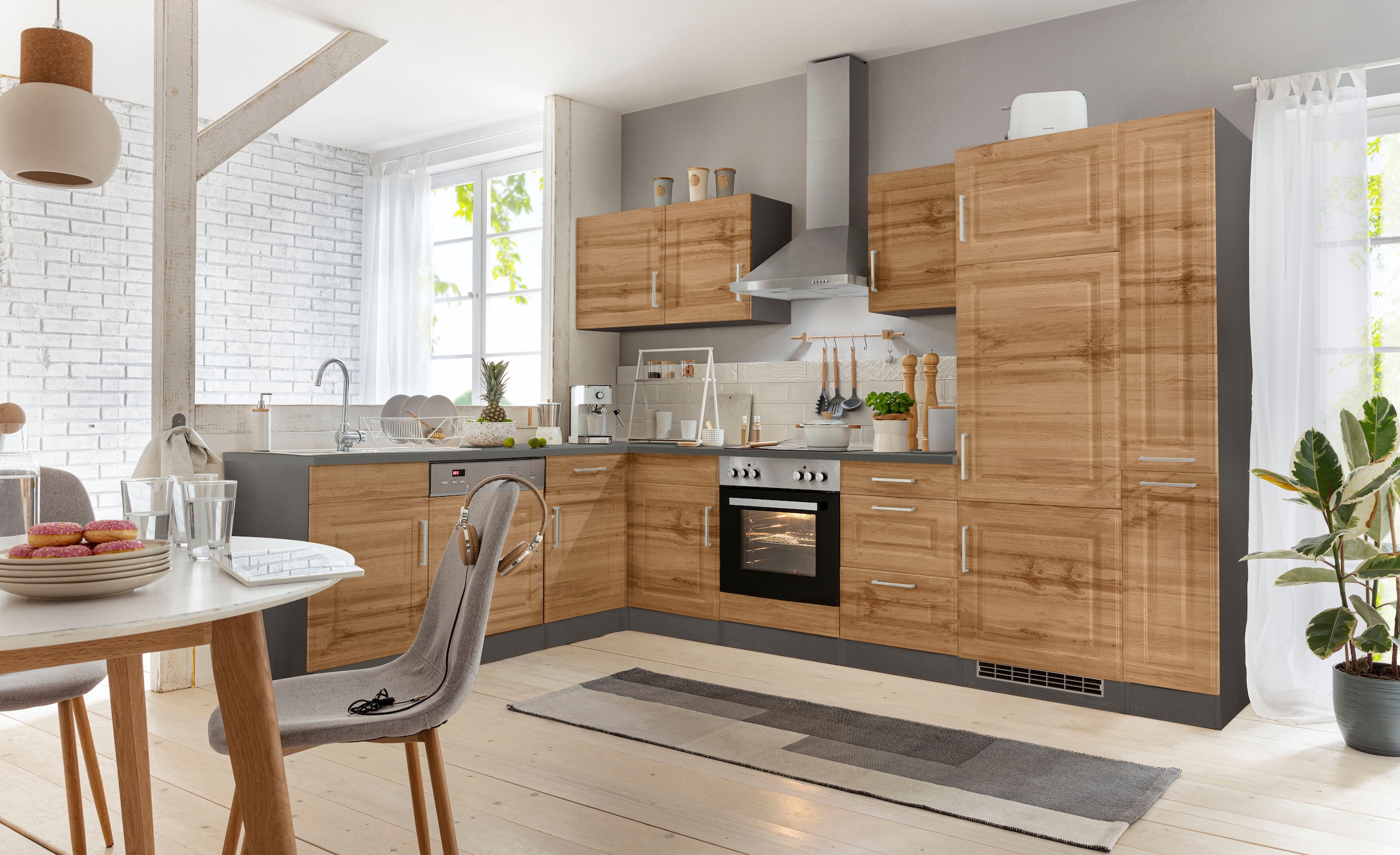 KOCHSTATION Winkelküche »KS-Stockholm«, Stellbreite 220/310 cm, mit hochwertigen MDF Fronten im Landhaus-Stil