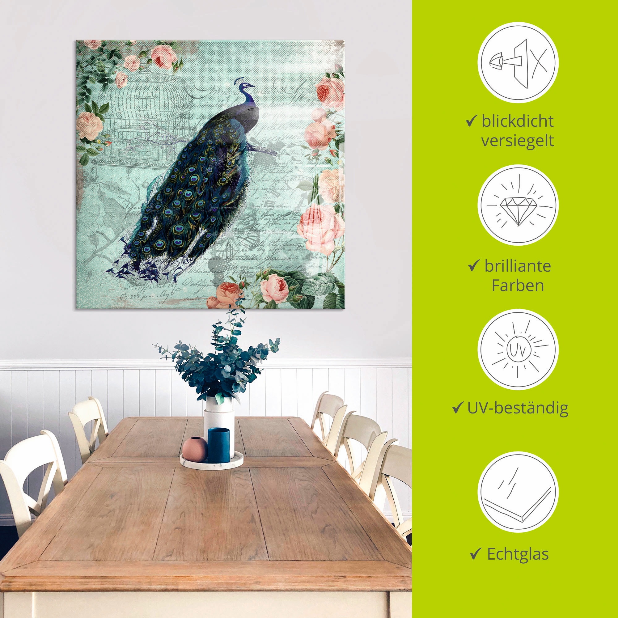 Artland Glasbild »Vintage Rosen und Pfau Illustration«, Vögel, (1 St.), in verschiedenen Größen