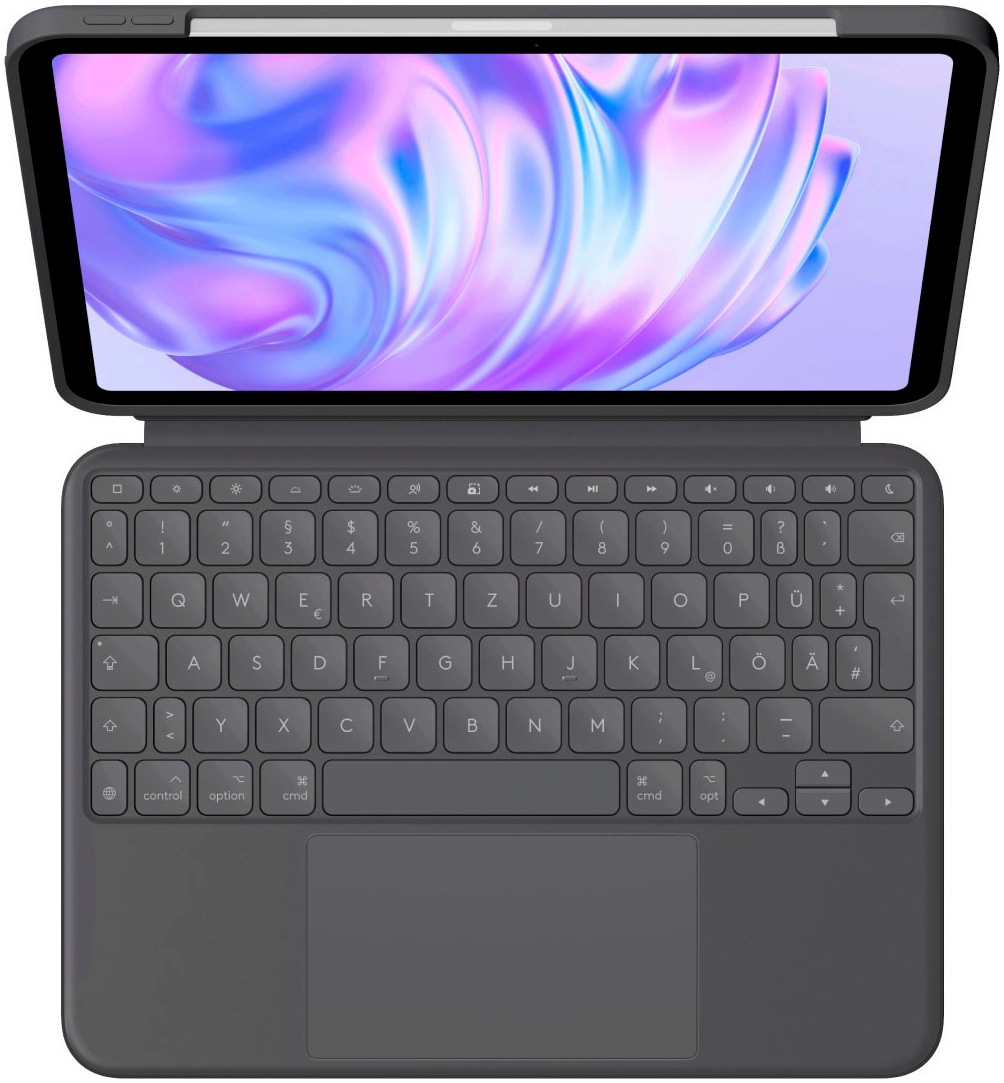 Logitech Tastatur »Combo Touch«, (Angenehmes Tippen-verstellbare Füße-ausklappbare Füße-Touchpad-Schutzhülle-iOS Sondertasten-Multimedia-Tasten-Lautstärkeregler-Handgelenkauflage)