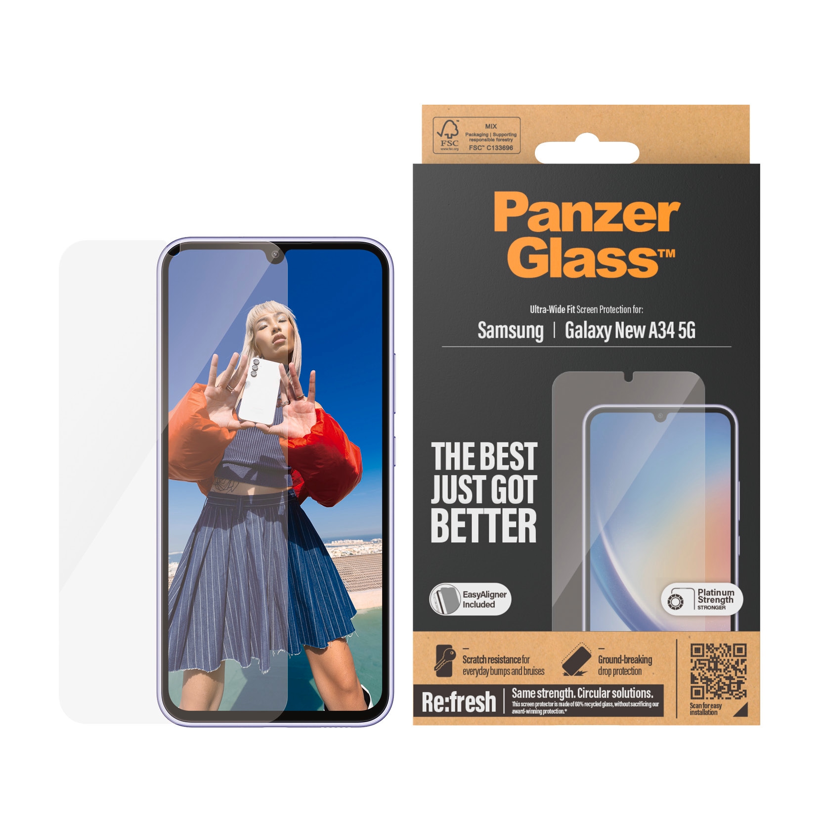 PanzerGlass Displayschutzglas »Re:Fresh Ultra Wide Fit Privacy Screen Protector«, für Samsung Galaxy A35 5G, Displayschutzfolie Displayschutz kratz-& stoßfest, kristallklar
