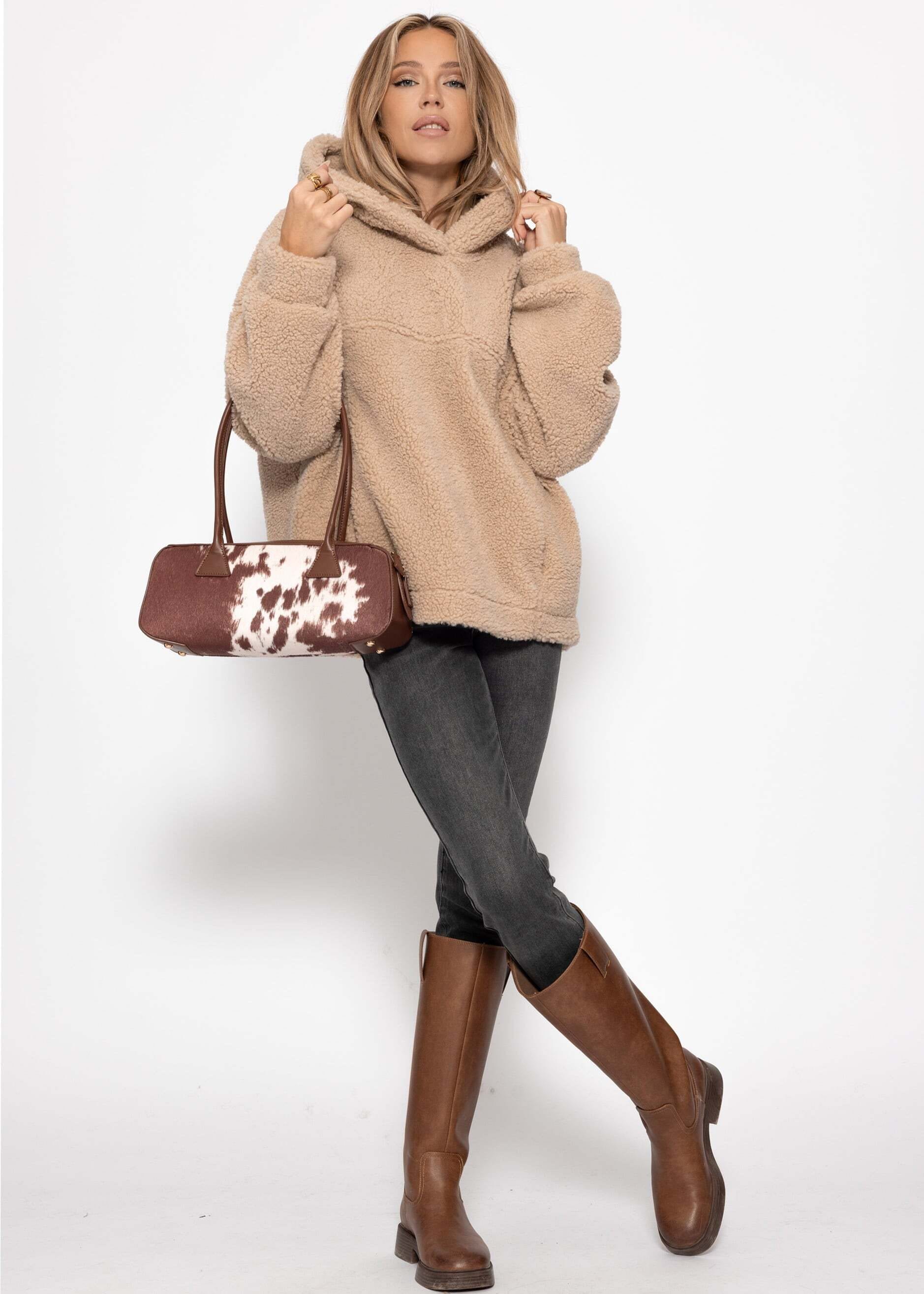 SASSYCLASSY Strickpullover »Oversize Teddy Sweatshirt mit Kapuze« Oversized Teddy Sweatshirt Damen mit Kapuze Rosa Beige Leo
