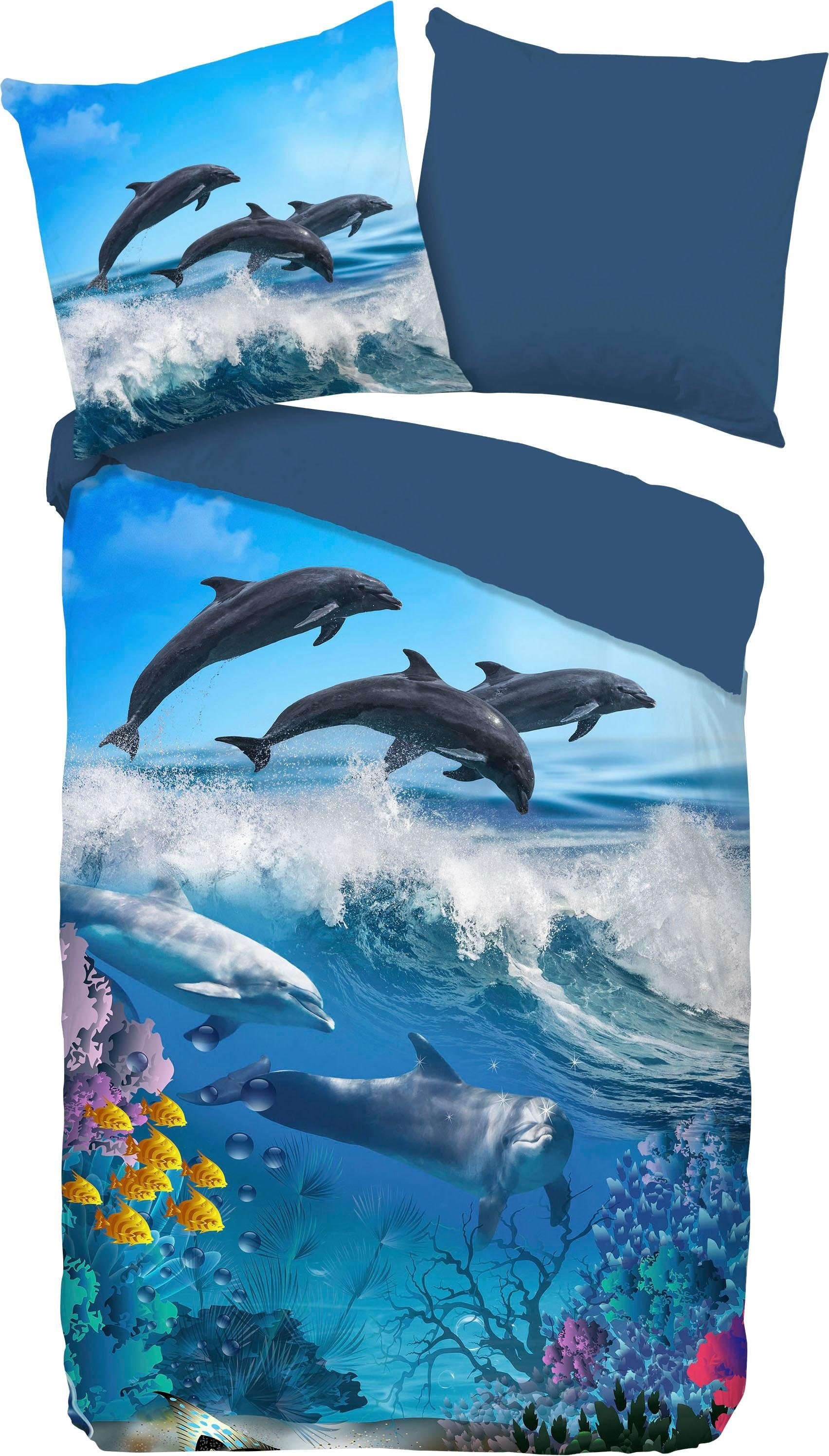 good morning Kinderbettwäsche »Andre«, 100% Baumwolle, 135x200, Reißverschluss, Wendeoptik, Kind, Delfin