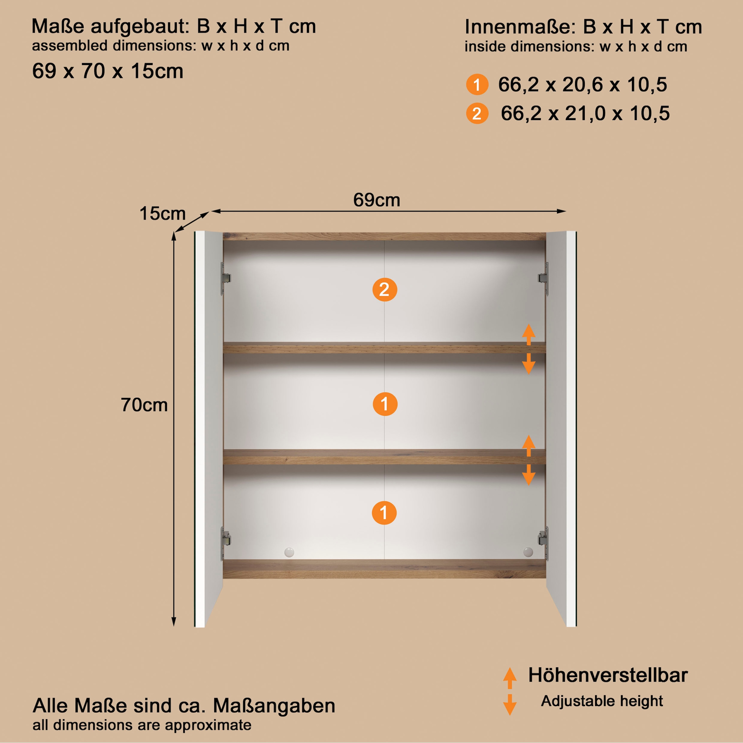 PLACES OF STYLE Spiegelschrank »Tarragona« 1 Stk. tlg. Spiegelschrank mit 2 Türen & 2 Böden - (B/T/H) 69/15/70 cm