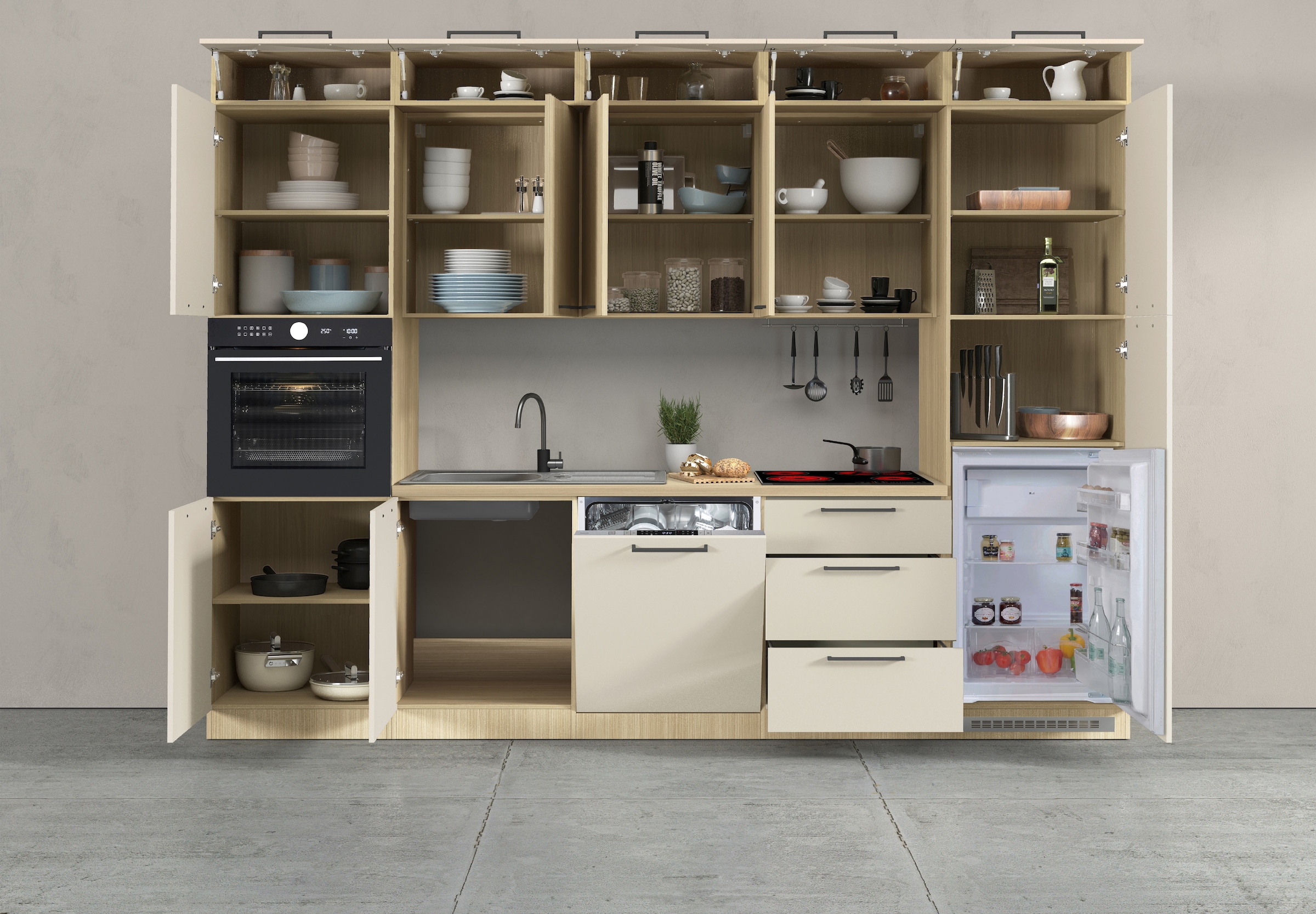 KOCHSTATION Küchenzeile »Luna, Einbauküche, Zeilenküche, mit Soft-Close Funktion, Made in Italy« Breite 300 cm ohne E-Geräte, mit Spüle+Siphon und Aufsatz