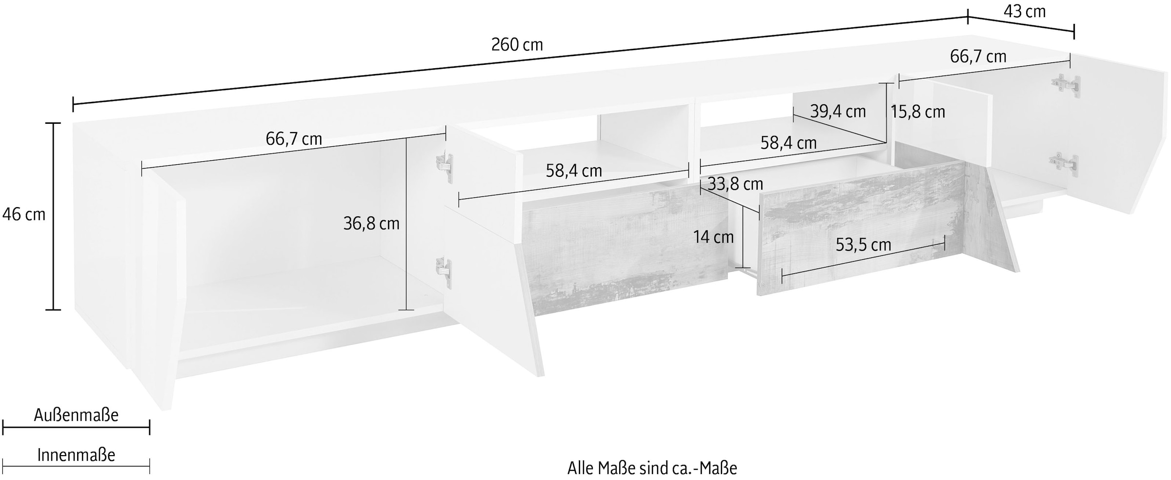 INOSIGN Lowboard »ALIEN- TV-Board, mit 4 Türen, 2 Schubladen und 2 offenen Fächern«, TV-Kommode Breite ca. 260 cm "Made in Italy"