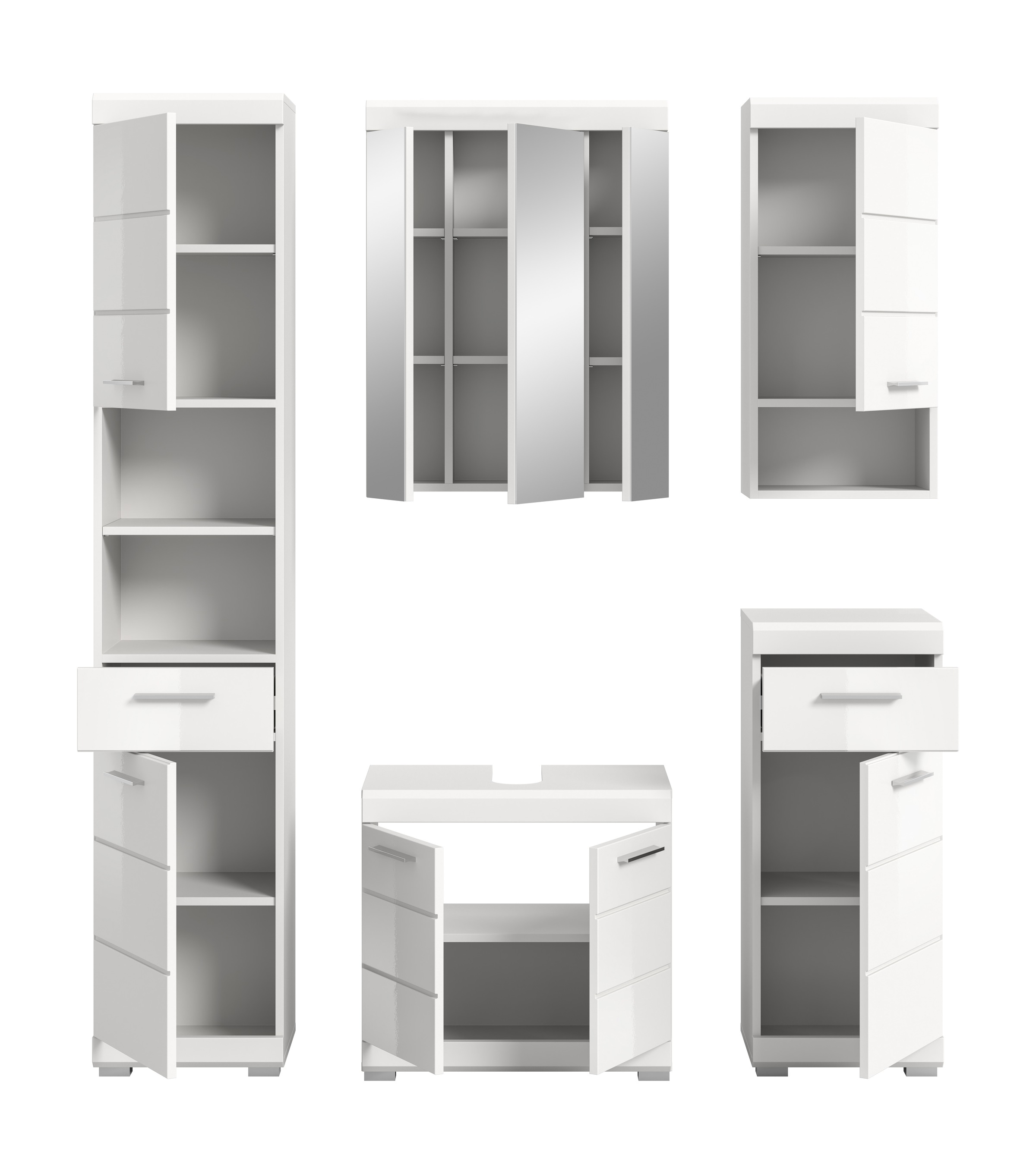 INOSIGN Badmöbel-Set »Siena, 5 teilig, bestehend aus:«, (Set), Hochschrank, WBU, Spiegelschrank, Unterschrank, Hängeschrank
