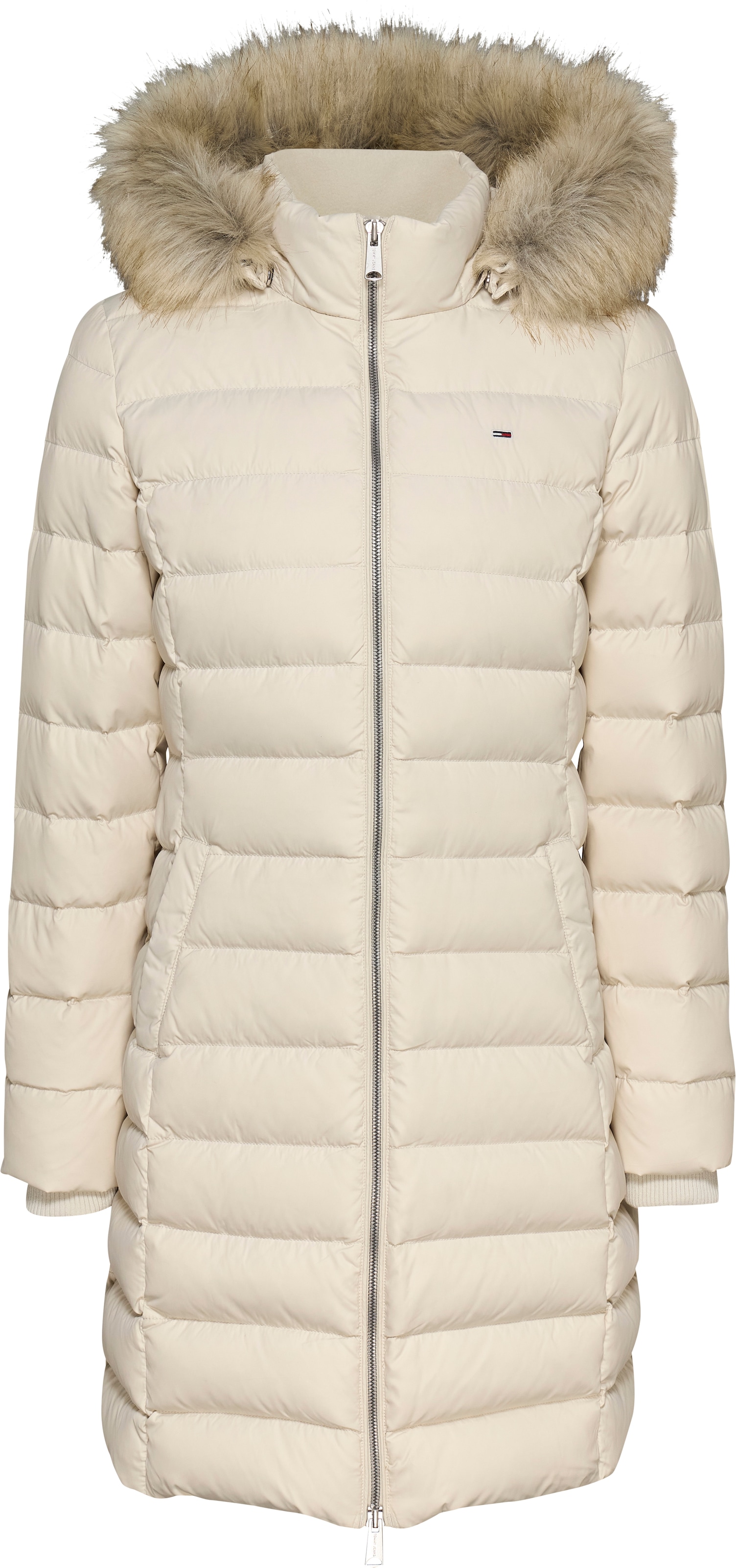 Tommy Jeans Steppmantel »TJW ESSENTIAL HOODED DOWN COAT«, mit Fellimitat, Logostickerei