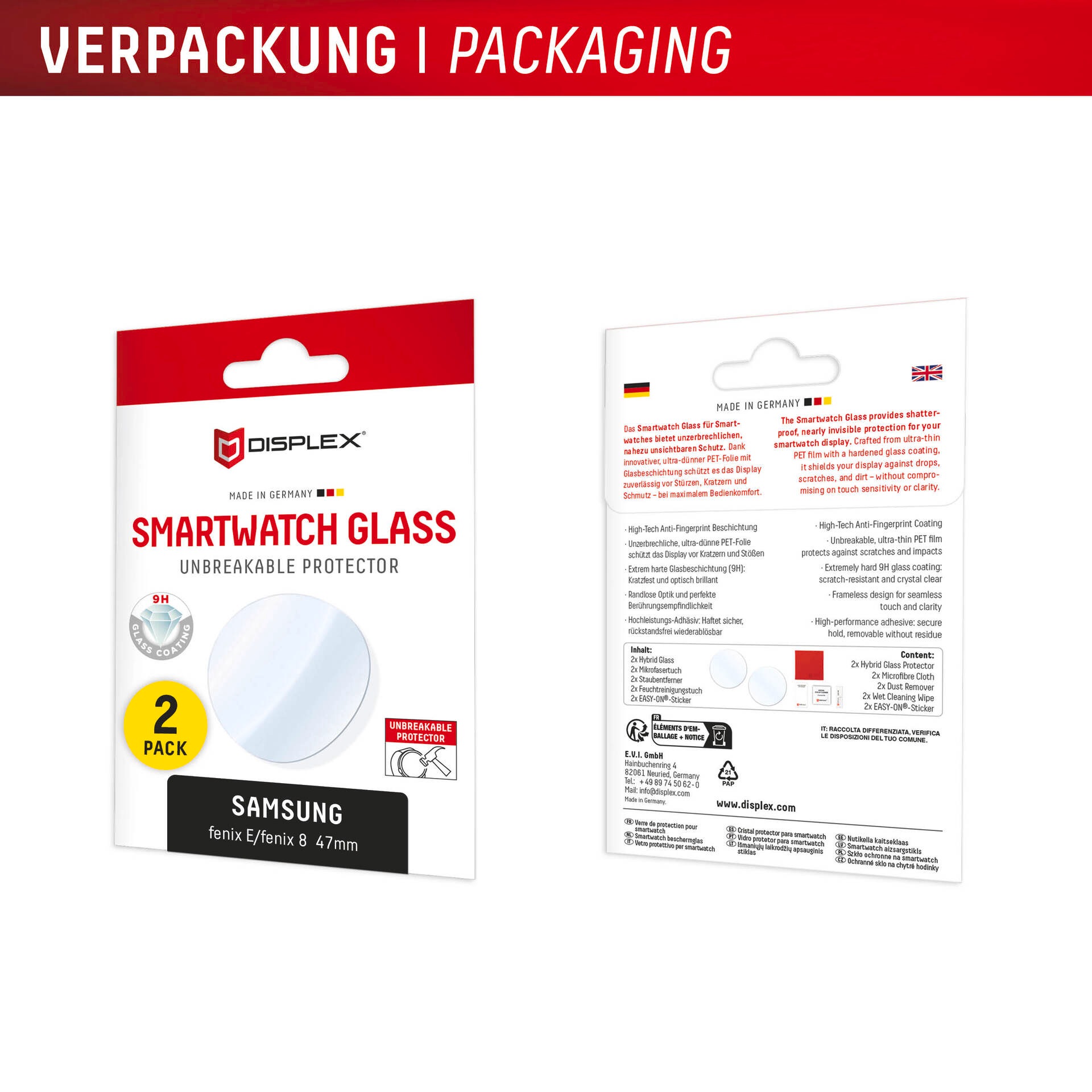 Displex Displayschutzglas »Smartwatch Glass Unbreakable Protector«, für Garmin fenix E 47 mm-Garmin fenix 8 47 mm, (Packung, 2x Hybrid Glass), Displayschutzfolie, Schutzfolie, Bildschirmschutz, kratz- & stoßfest