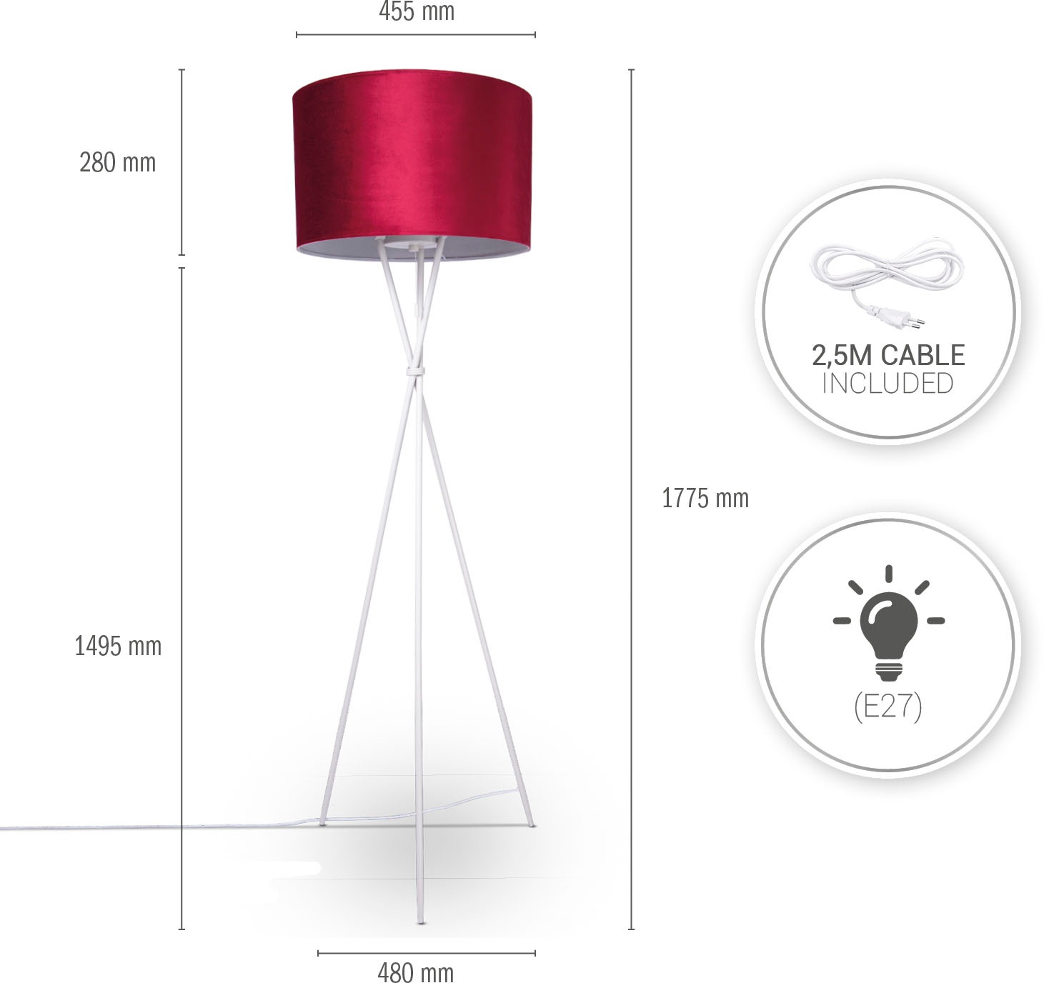 Paco Home Stehlampe »Kate Wohnzimmer OTTO Dreibein bei Color«, Velour E27 Höhe kaufen Filigran uni 177,5cm online Standleuchte