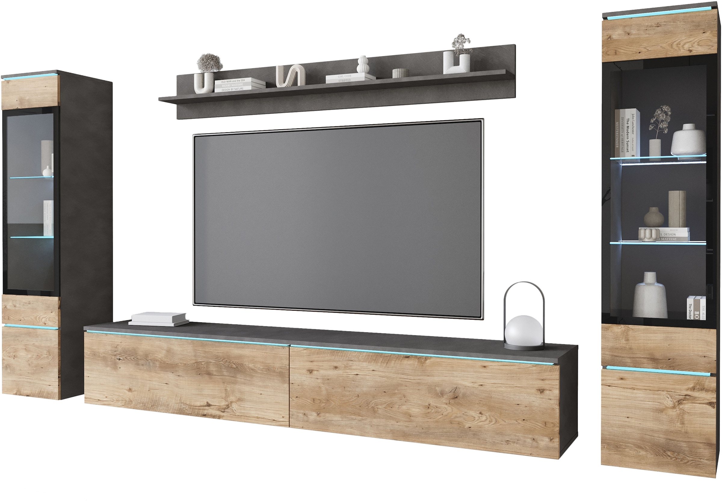 INOSIGN Wohnwand »VERA II, Vitrinen Türanschlag wechselbar«, (Komplett-Set, 4 St.), Vitrine mit Verglasung, stehend und hängend, inklusive Beleuchtung
