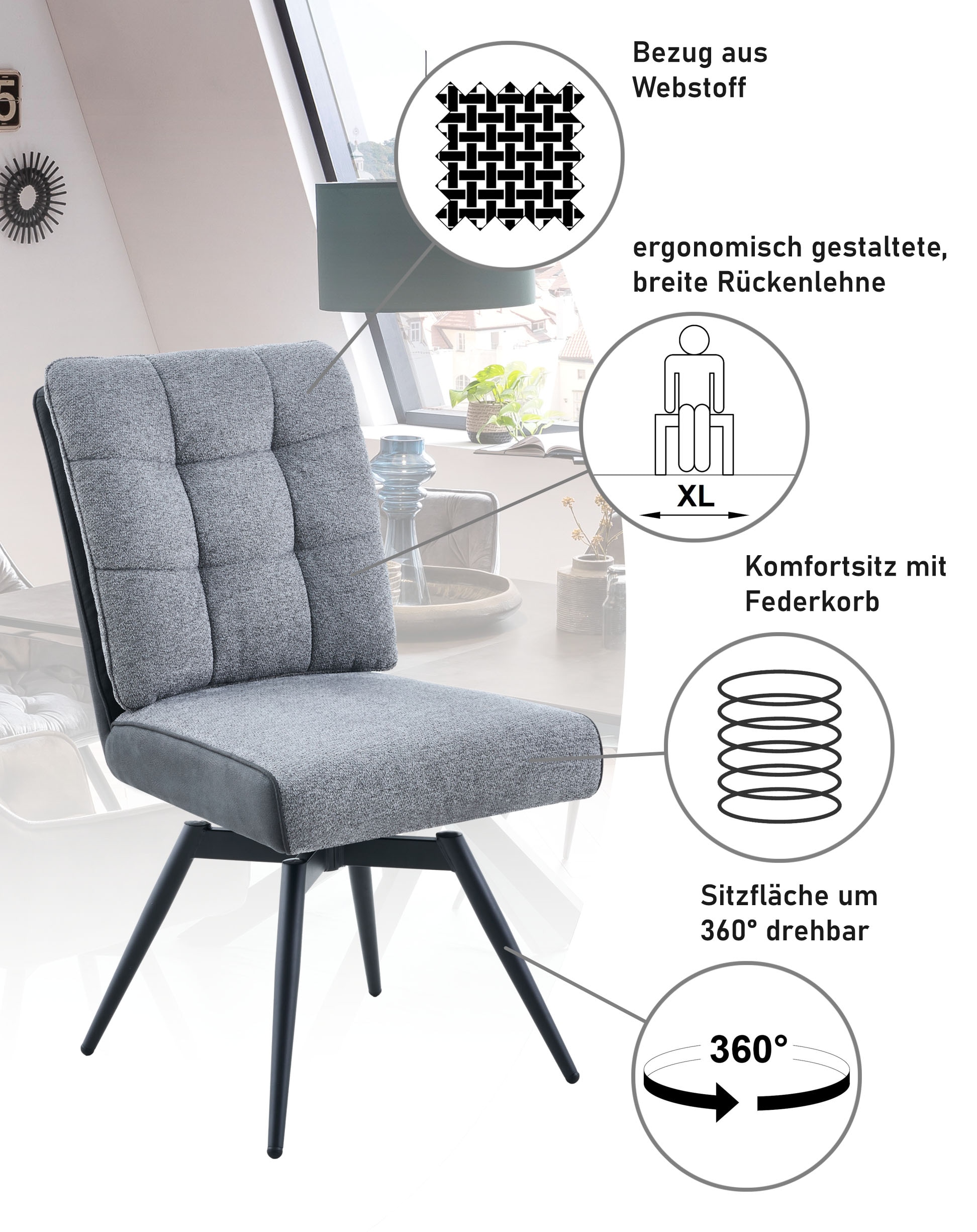 HELA 4-Fußstuhl »TOMAR« () 2 Stk.XL Sitzbreite, 360° drehbar, mit Federkorb, Materialkombi