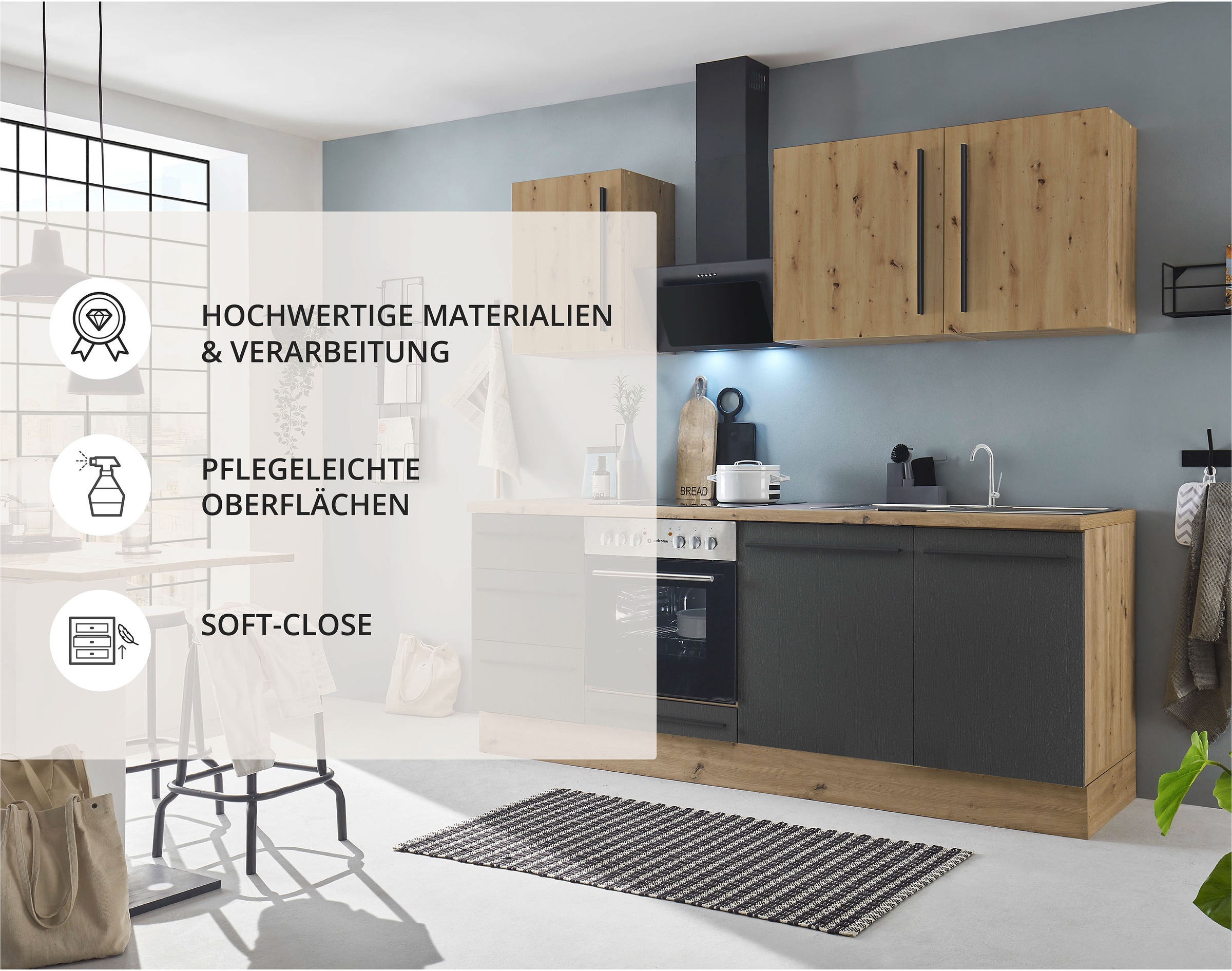 KOCHSTATION Küchenzeile »KS-Florida mit 38mm starker Arbeitsplatte«, Breite 220 cm, wahlweise mit E-Geräten, Soft-Close-Funktion