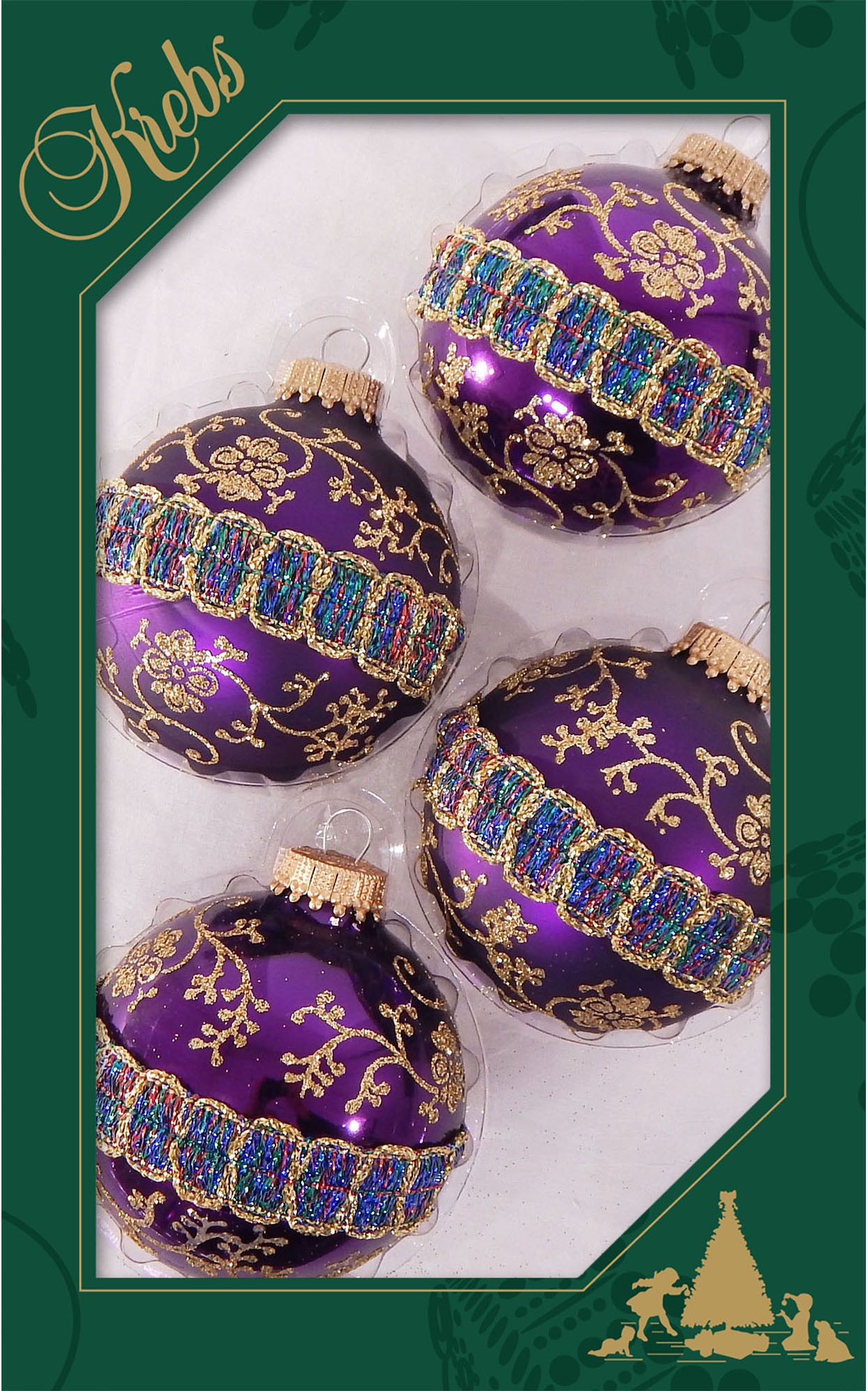 Krebs Glas Lauscha Weihnachtsbaumkugel »CBK90230, Weihnachtsdeko, Christbaumschmuck, Christbaumkugeln Glas«, (Set, 4 St.), mit Glitterband & Borte
