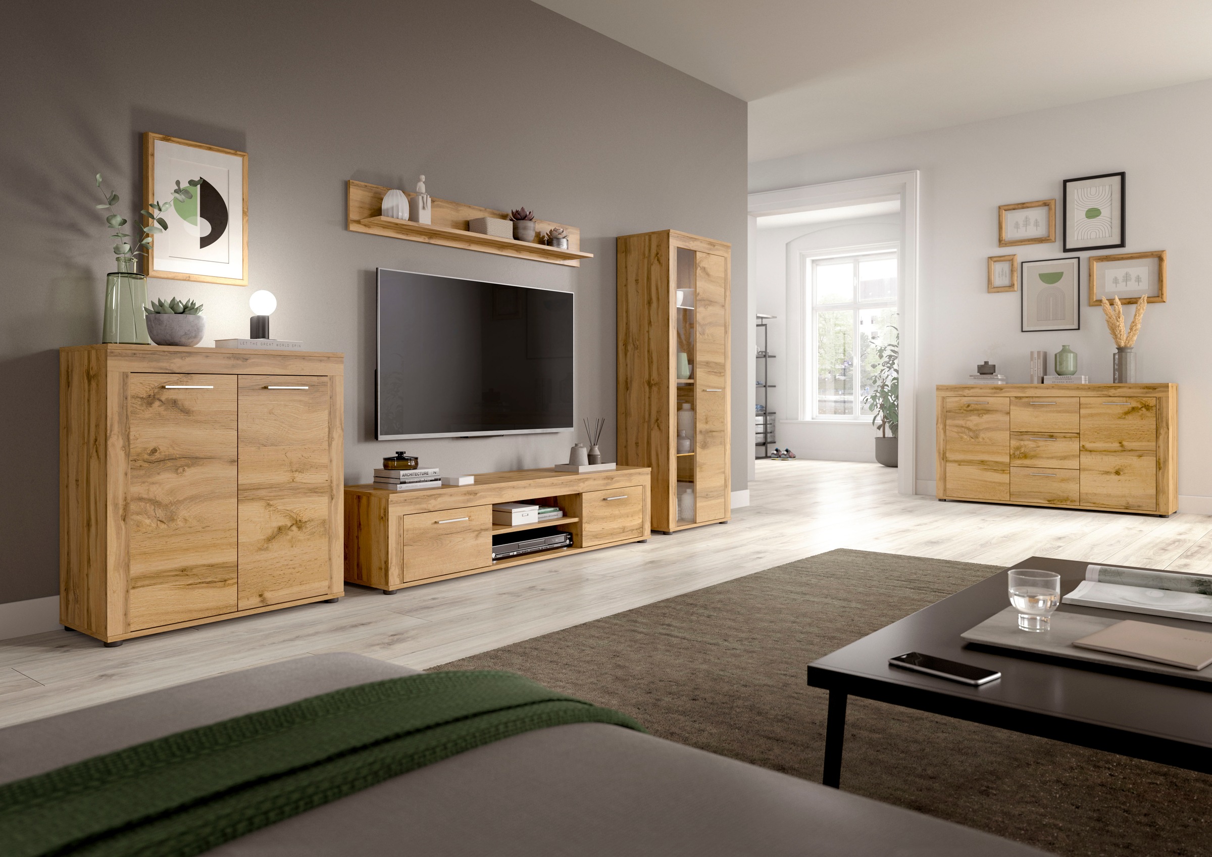 INOSIGN Wohnwand »Aosta, Breite 330cm, best. aus Highboard, Lowboard, Wandboard, Vitrine« 4 Stk. tlg.