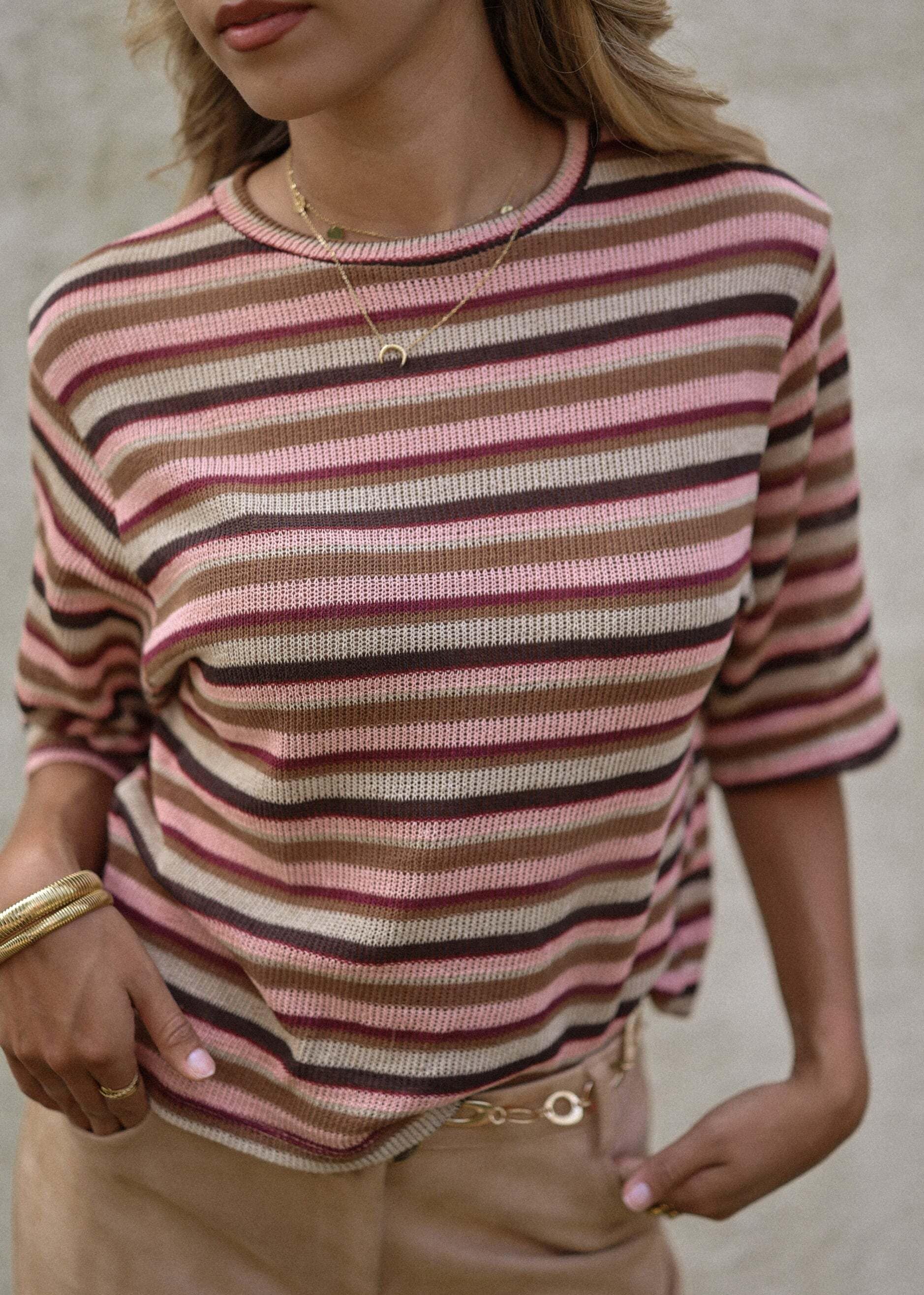 SASSYCLASSY T-Shirt »Gestreiftes Oversize Strick Shirt« Weit geschnittenes Shirt mit halben Armen und Rundhals Rosa