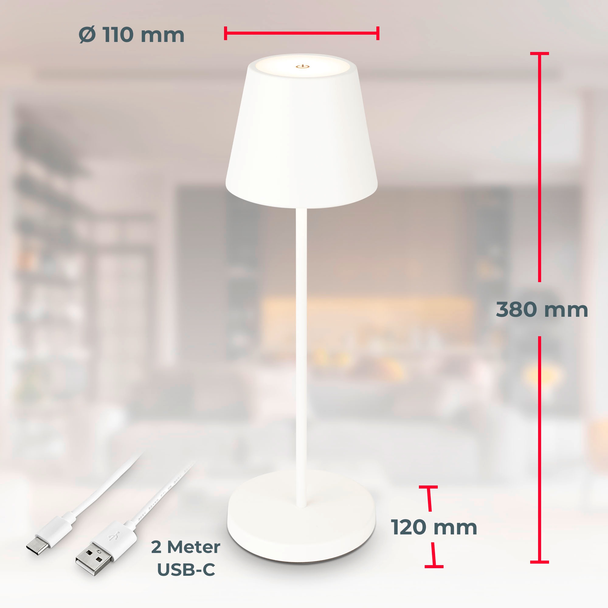 B.K.Licht Außen-Tischleuchte »LED Akku Tischleuchte mit Touchdimmer«, 1 flammig, Leuchtmittel LED-Modul | LED fest integriert, Kunststoff Metall mit USB Kabel und integrierter Batterie IP54 Ø12cm