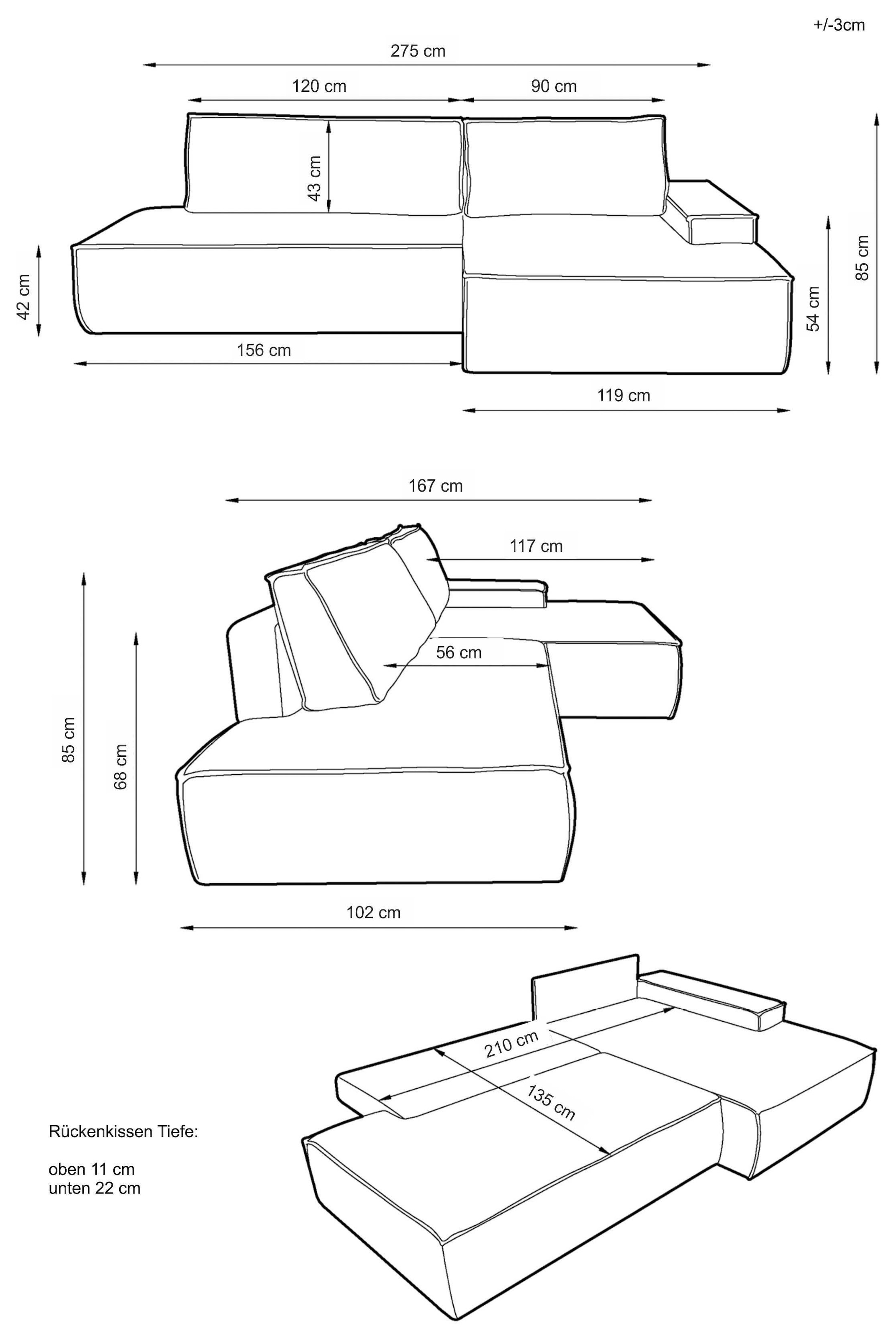 OTTO home Ecksofa »SHERWOOD Leinenoptik  Schlafsofa in L-Form offen (275cm)« Schlaffunktion und Bettkasten, Kedernaht, hoher Sitz- & Liegekomfort,