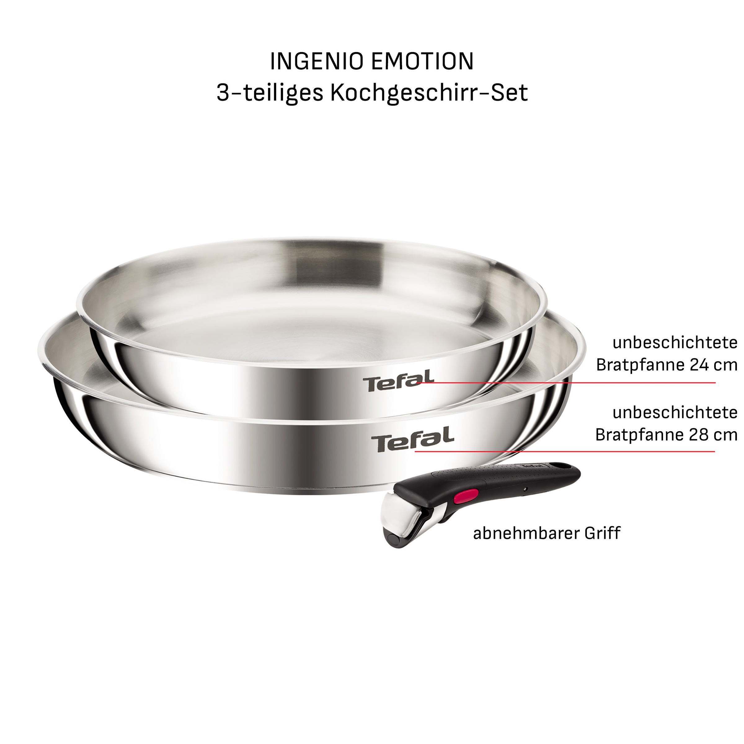 Tefal Pfannen-Set »Ingenio Emotion« Edelstahl Set, 3 tlg. abnehmbarer Ingenio-Griff, stapelbar, unversiegelt, induktionsgeeignet