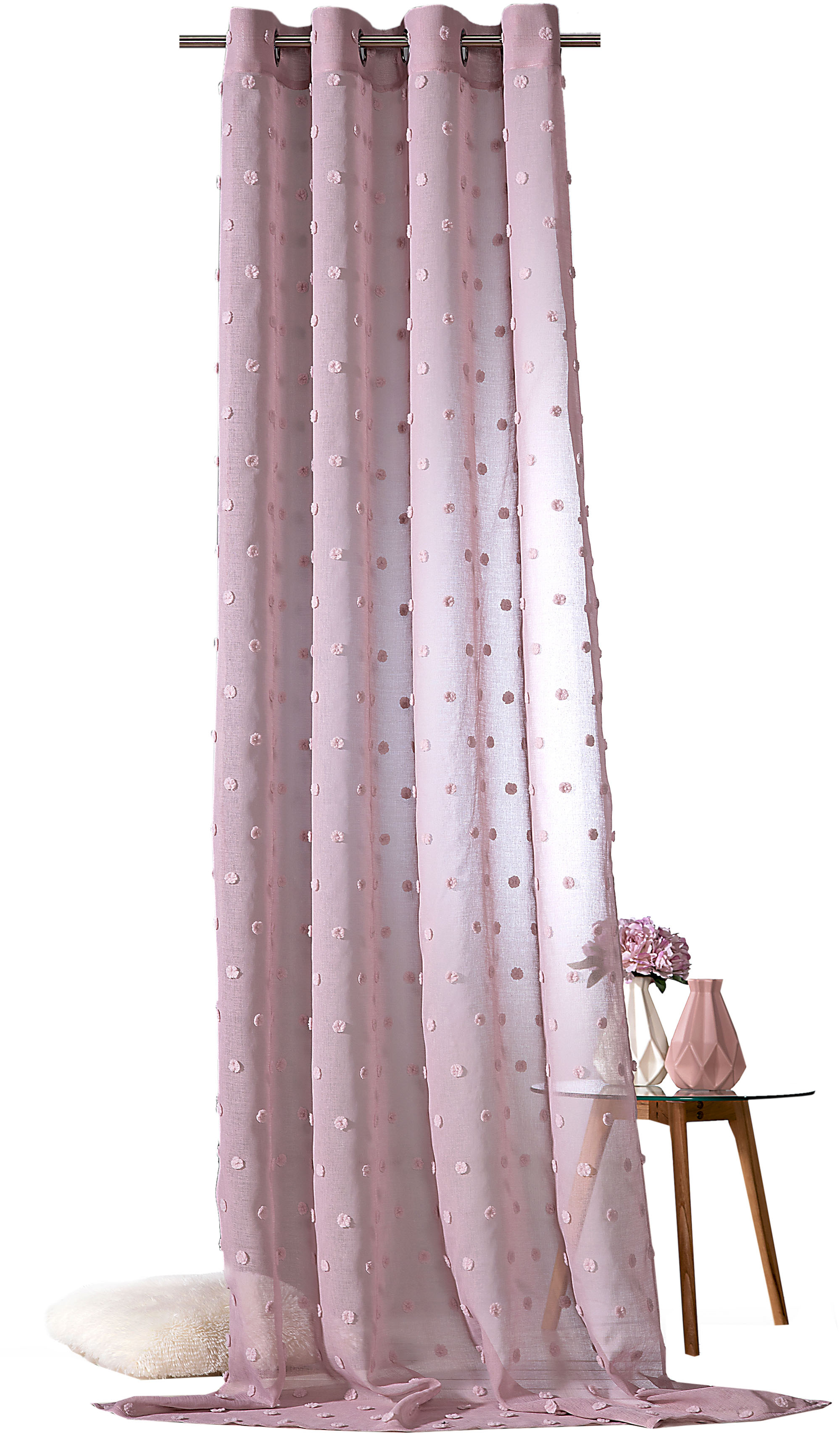 Vorhang »Julina«, (1 St.), Ösenschal, Gardine, transparent, Leinen, mit Pompoms