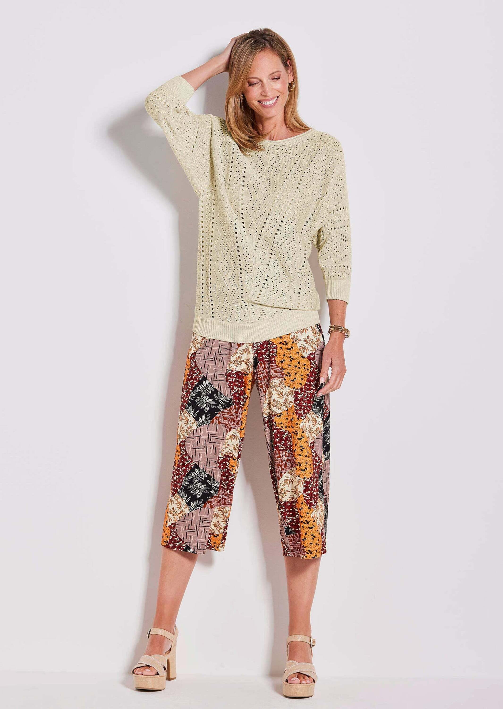 GOLDNER Rundhalspullover »Weißer Halbarmpullover« Lochstruktur-Muster