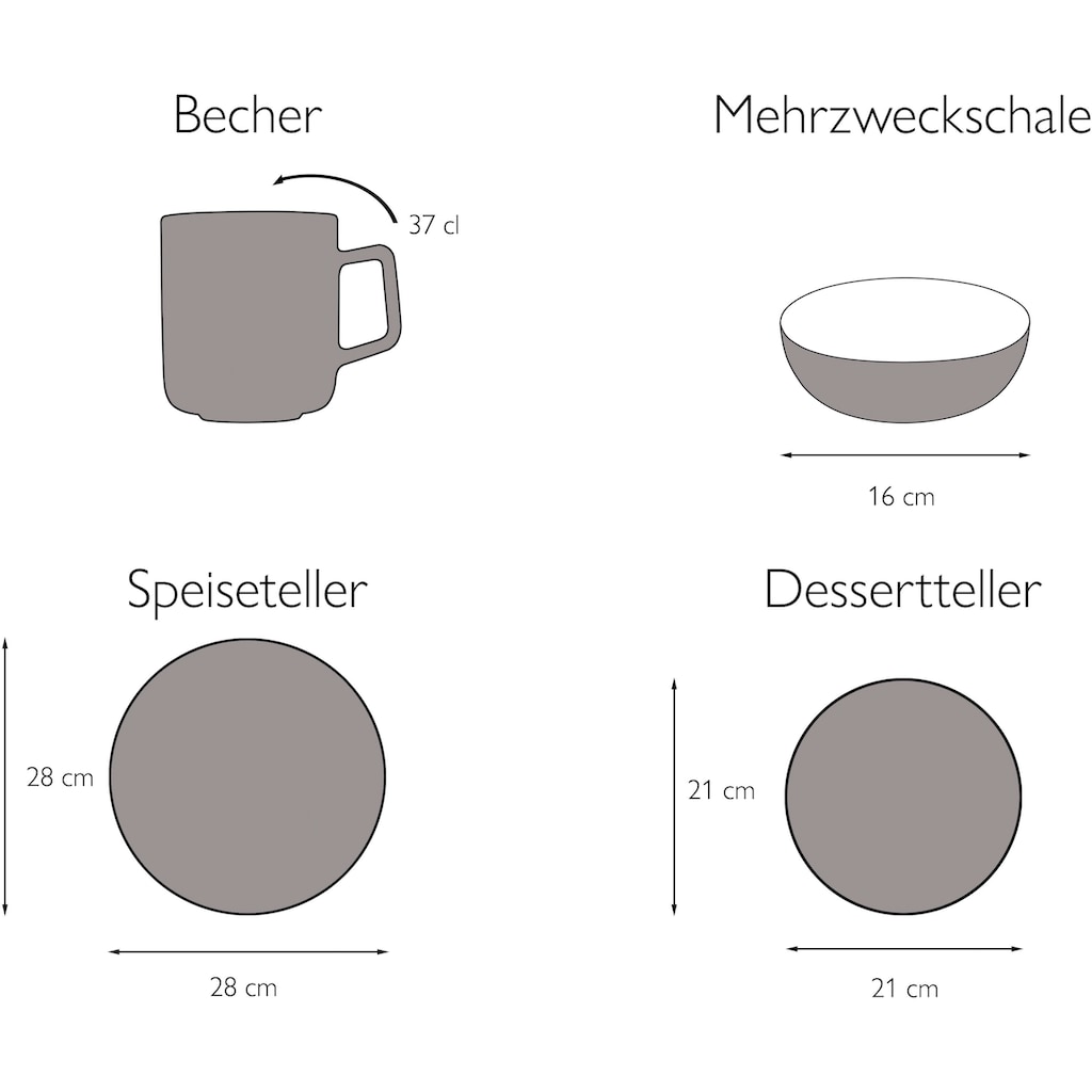 CreaTable Kombiservice »Geschirr-Set Uno Black«, (Set, 16 tlg., Kaffeeservice und Tafelservice im Set, für 4 Personen), Service, schwarz, seidenmatte Spezialglasur, M16 Teile, für 4 Personen