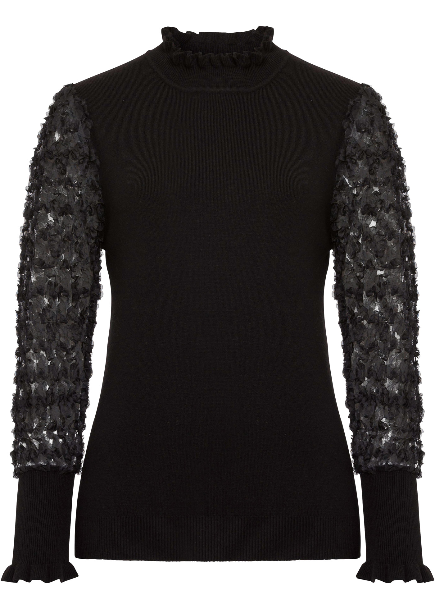 bonprix Stehkragenpullover »Rollkragenpullover aus fließendem Viskose-Mix« Viskose-Mix, Kragen + Ärmel mit gewellter Kante, transparente Ärmel