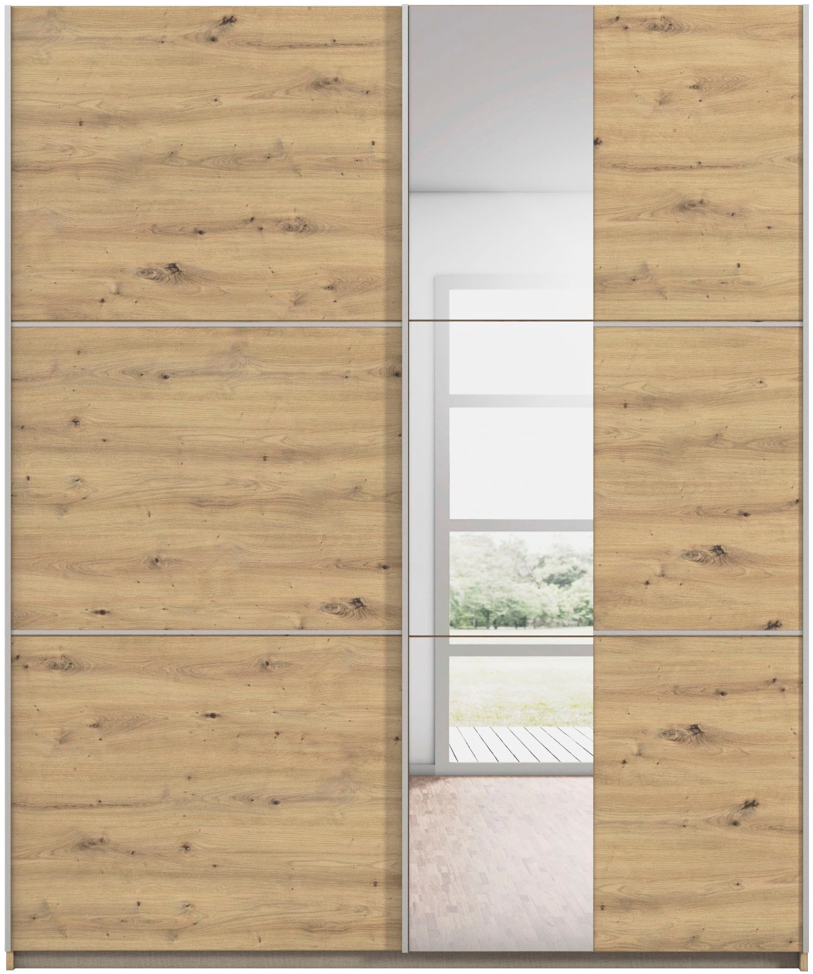 rauch Schwebetürenschrank »Kleiderschrank Schrank Garderobe TOPSELLER ASTANA« 3 Ausstattungen BASIC/CLASSIC/PREMIUM (inkl. SOFT-CLOSE-FUNKTION),  mit 3 Spiegelelementen, Metallgriffleisten alufarbig MADE IN GERMANY