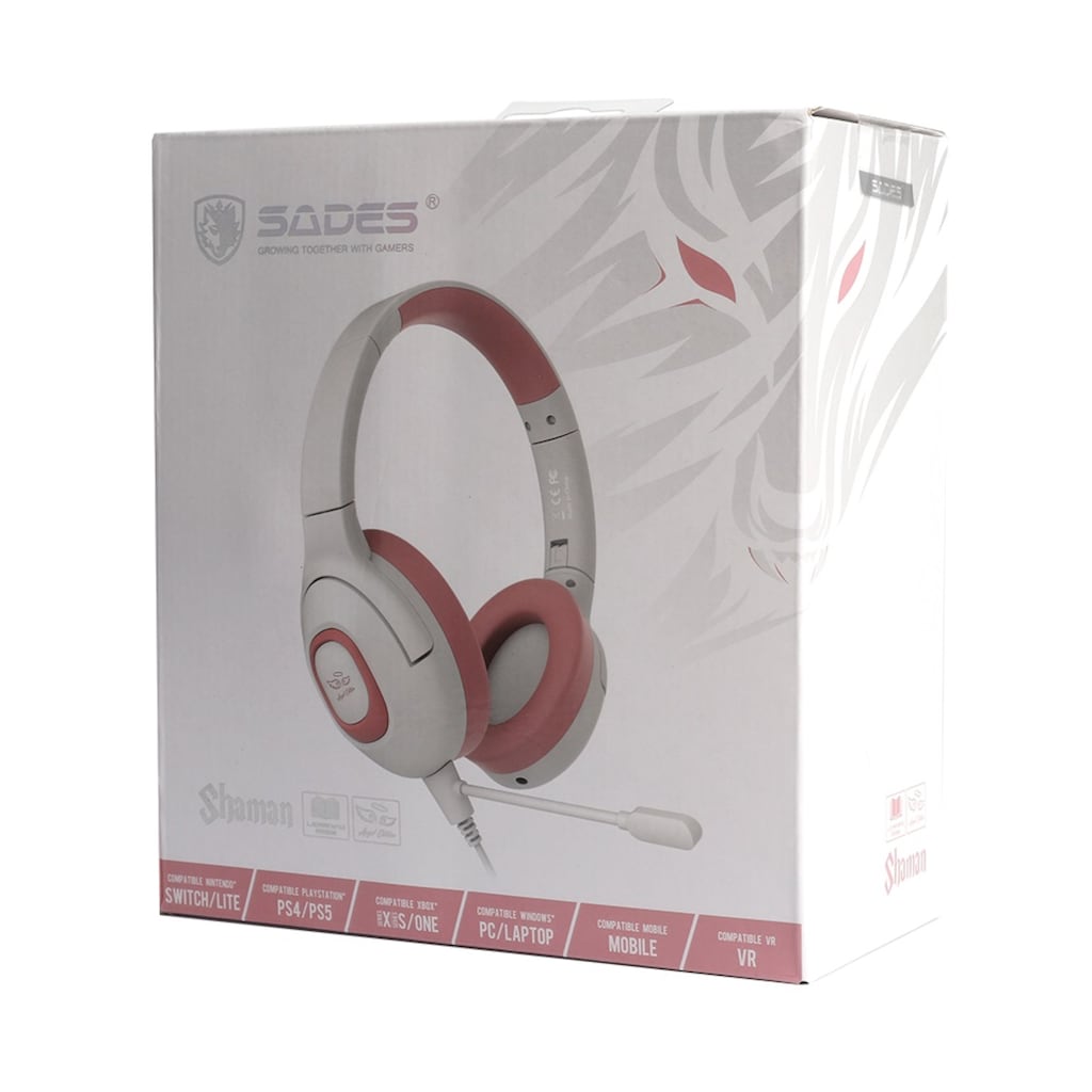 Sades Gaming-Headset »Shaman SA-724 Gaming Headset, weiß/pink, USB, kabelgebunden«, Mikrofon abnehmbar