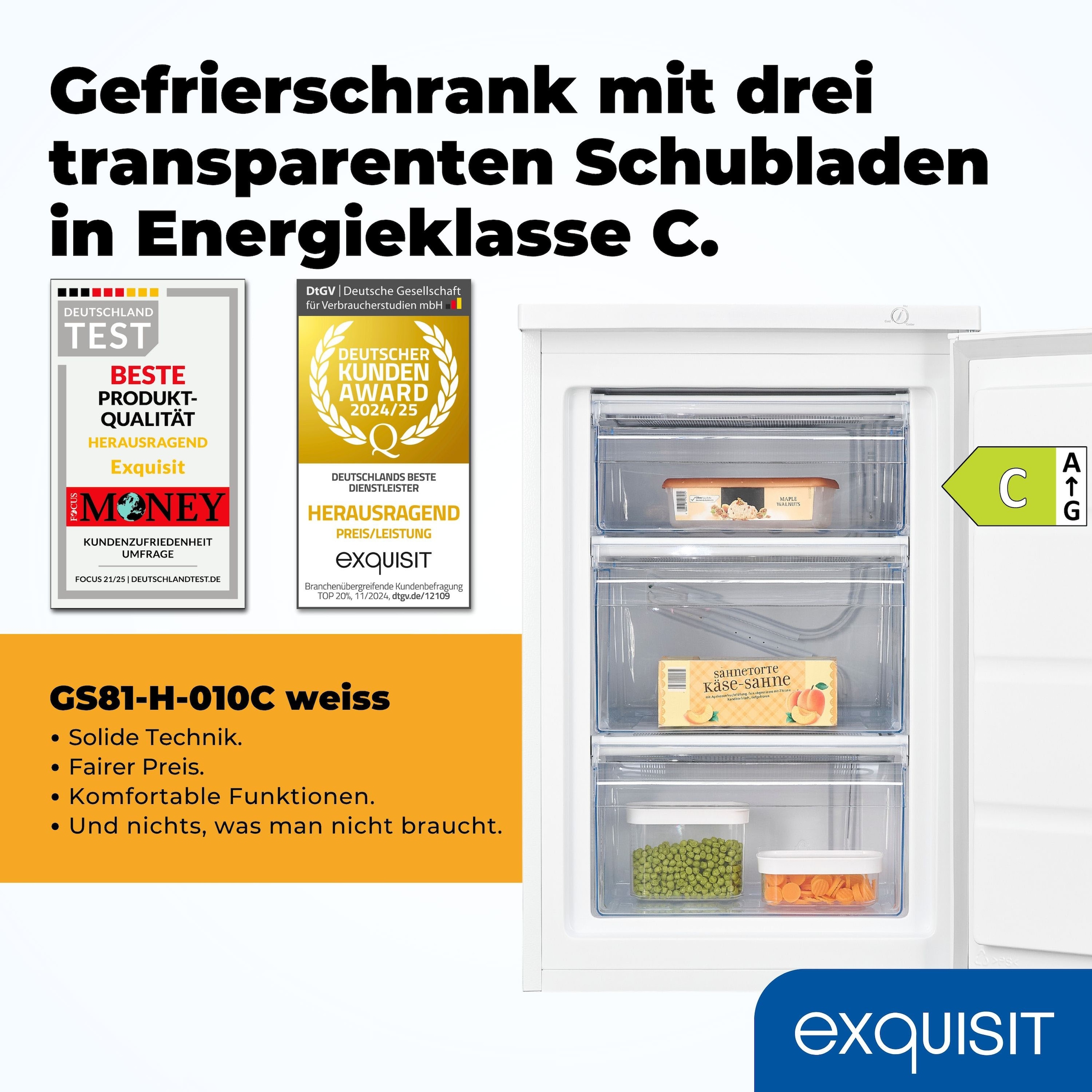 exquisit Gefrierschrank »GS81-H-010C weiss« 84,5 cm hoch 56 cm breit Türgriff für Komfort, flexible Gefrierschubladen für mehr Ordnung