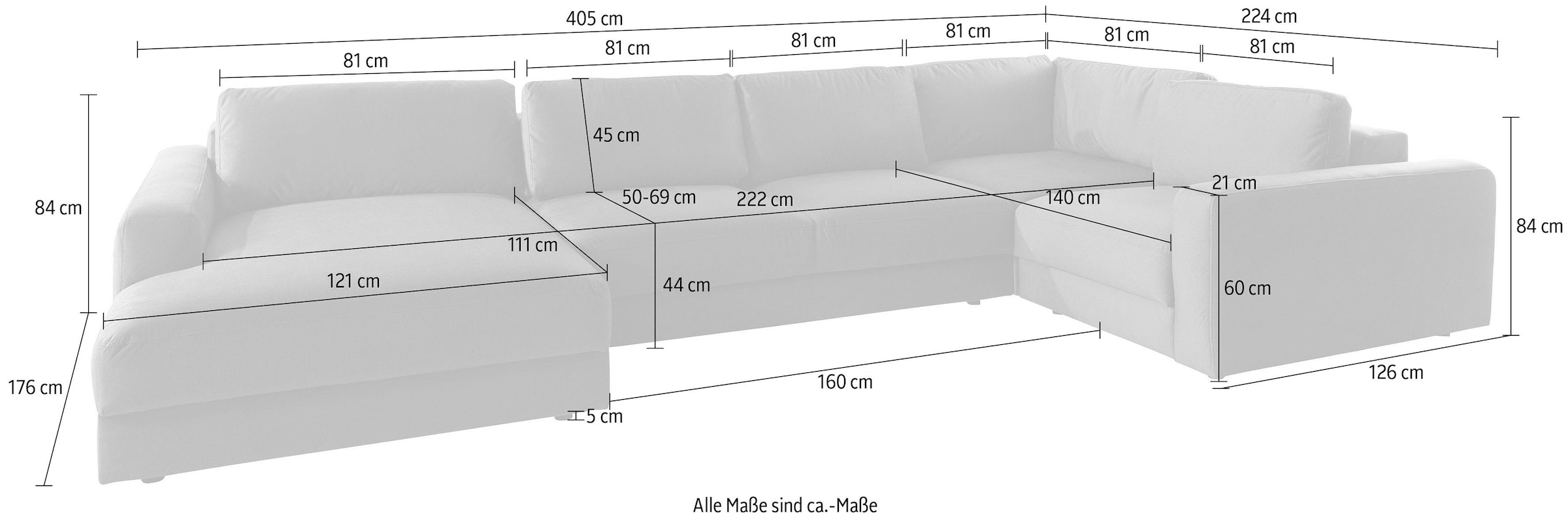 Places of Style Wohnlandschaft »Bloomfield, U-Form«, mit extra tiefer Sitzfläche, wahlweise mit Sitztiefenverstellung