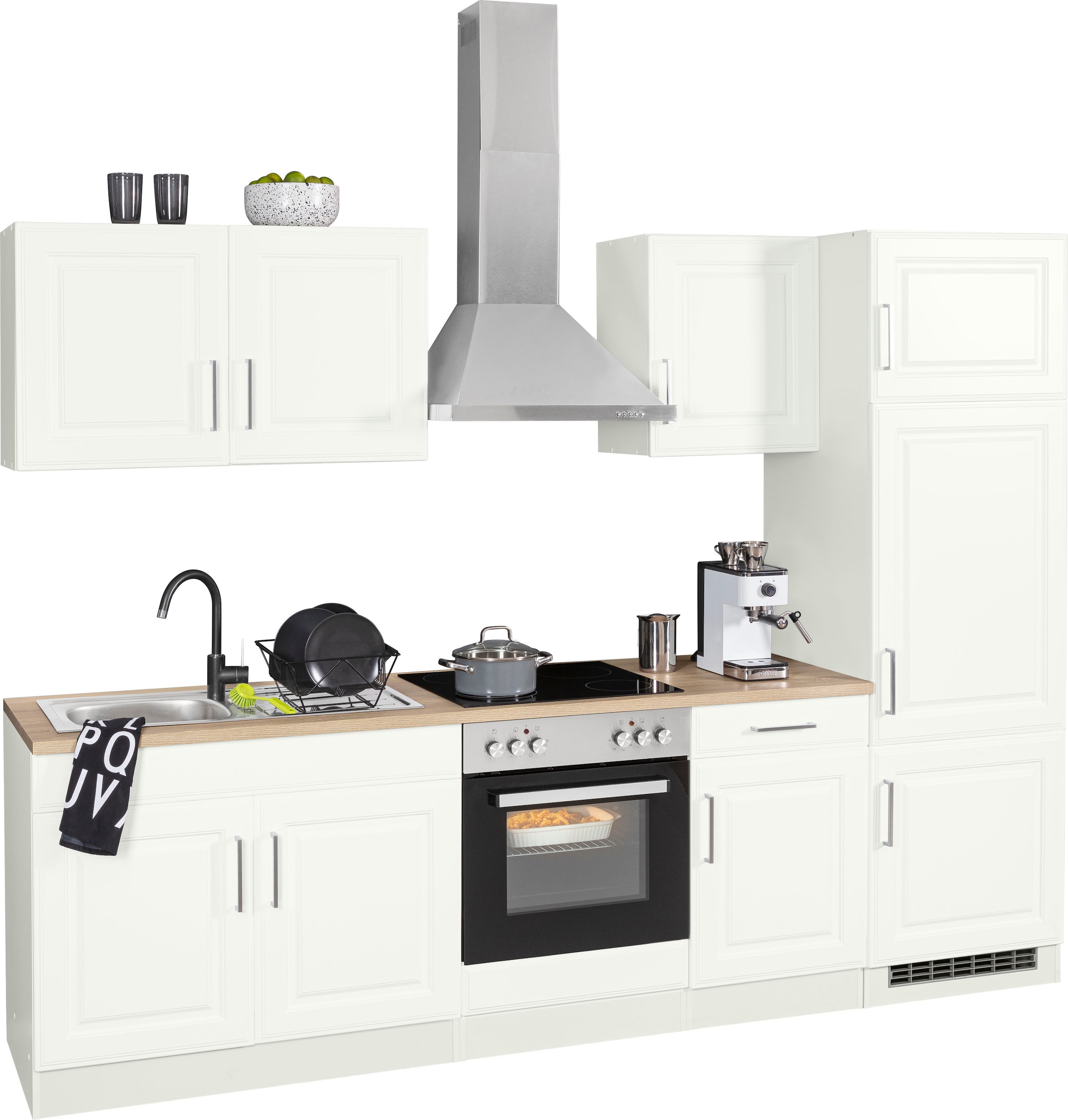 KOCHSTATION Küchenzeile »KS-Stockholm – Küche mit hochwertiger und detailreicher Landhausfront« Breite 270 cm, wahlweise mit E-Geräten,mit MDF-Fronten