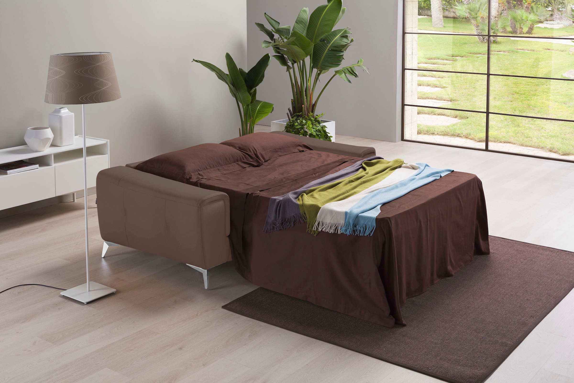 Egoitaliano Schlafsofa »Francine Designsofa, Loungesofa mit Dauerschlaffunktion, Breite 233 cm«, mit Bettfunktion, Leder BULL, chocolate, Fußfarbe chrom