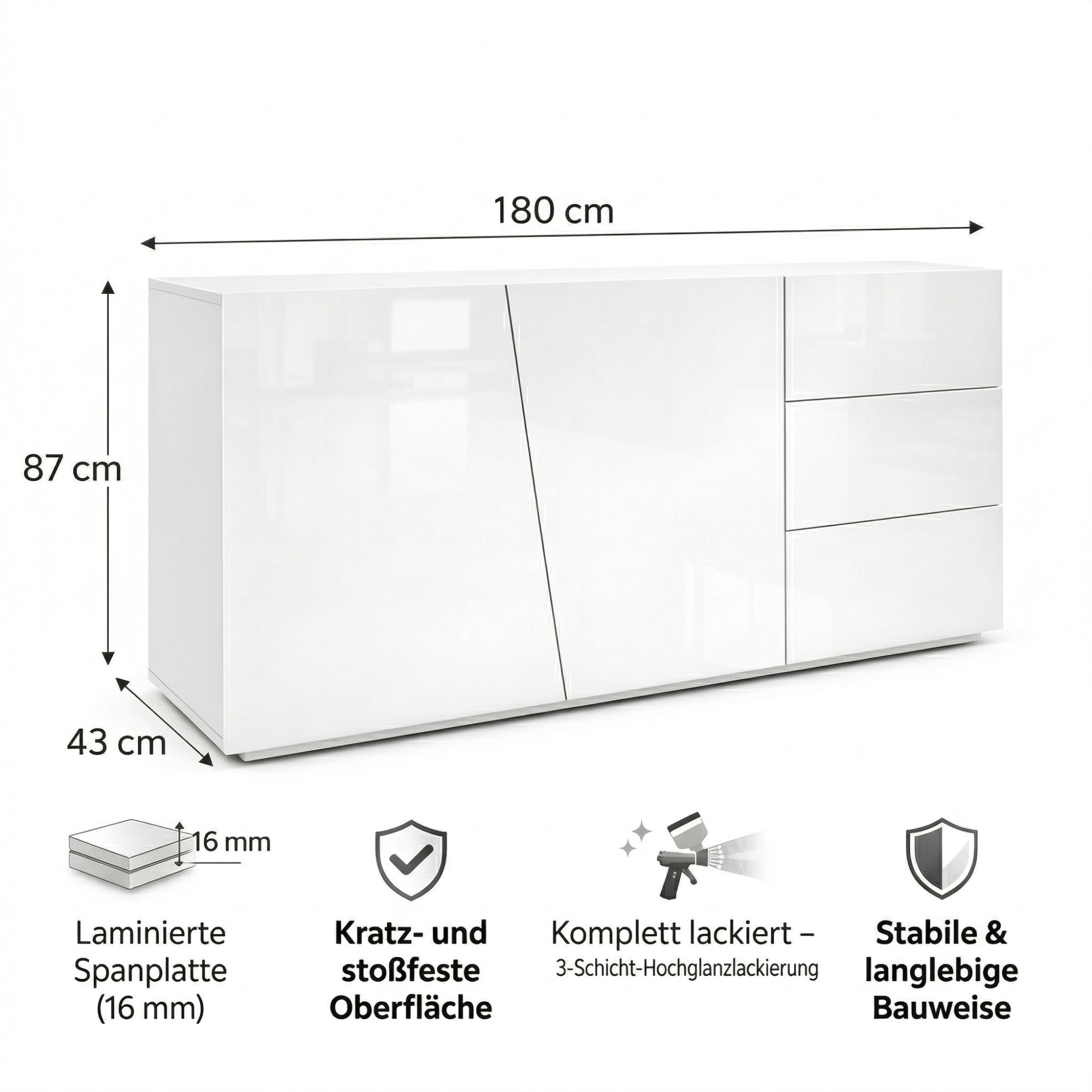 OTTO home Kommode »San Remo, Kombikommode, Sideboard, mit viel Stauraum, Hochglanz« Moderne Kommode, UV-lackiert, grifflos, push-to-open-Funktion, B=180cm